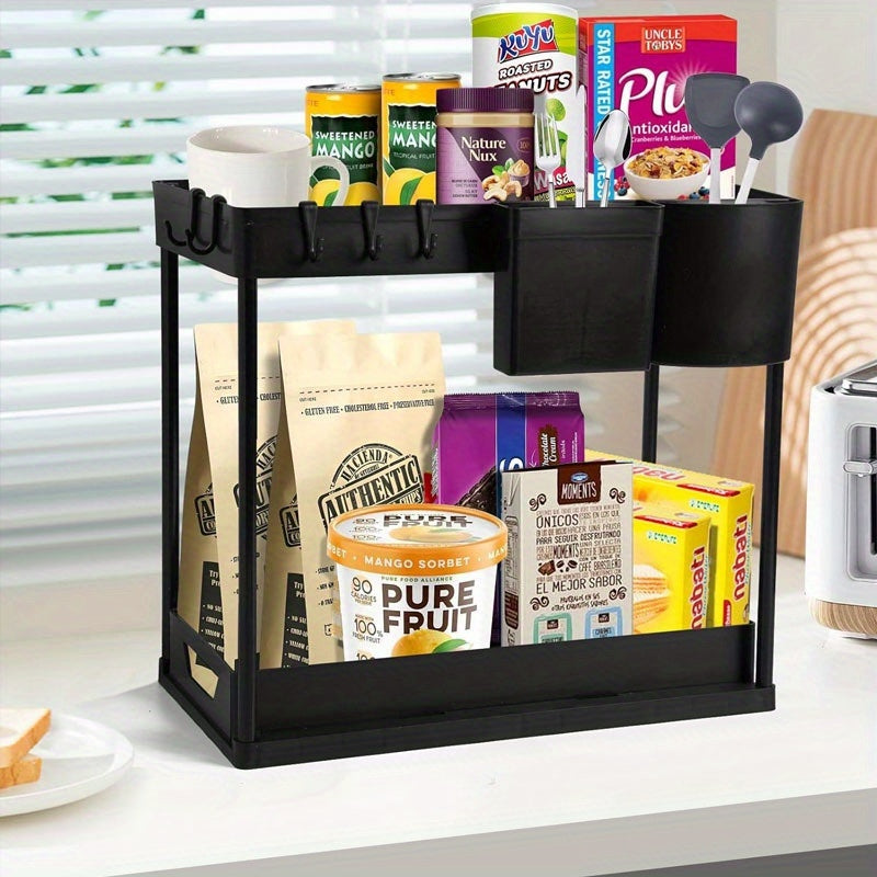 A Heavy-Duty Plastic Double-Layer Pull-Out Storage Rack with Adjustable Shelves And Pull-Out Drawers - a Space-Saving Vertical Organizer Featuring Open And Closed Shelves, Durable for Kitchen Cabinet Under-Sink Drawers, Suitable for Small Spaces