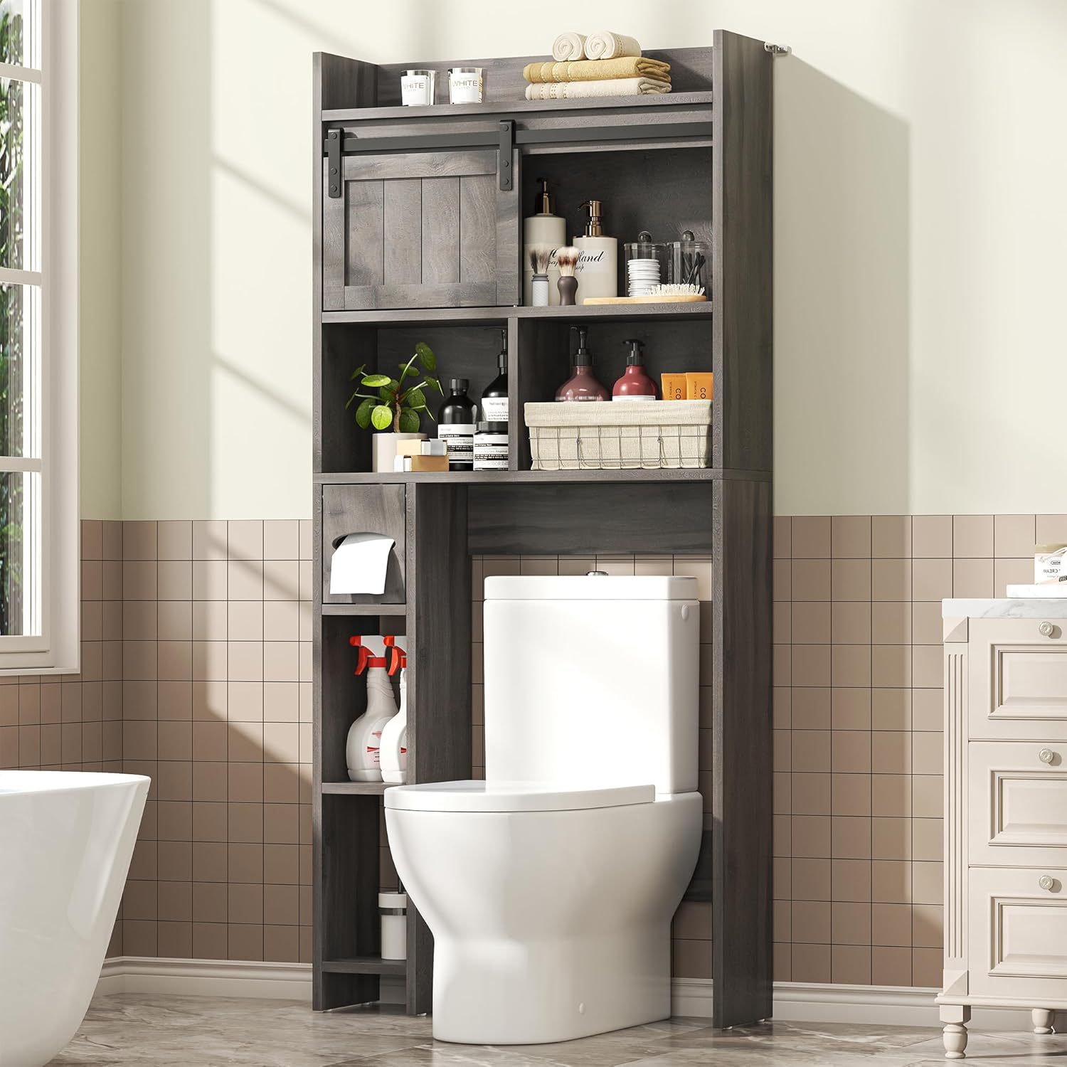 Semoic Over The Toilet Storage Cabinet, Over The Toilet Shelf with Sliding Door& Toilet Paper Holder Stand, Bathroom Above Toilet Storage, Home Space-Saving Toilet Rack for Bathroom, Restroom, Grey