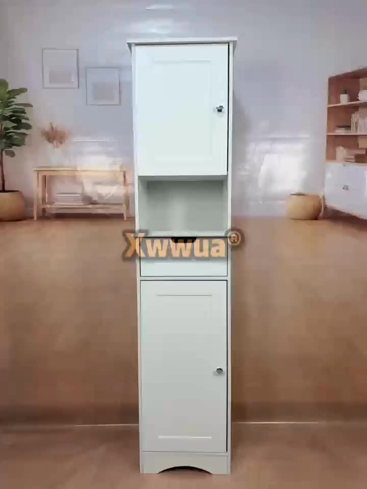 A Slender, Vertical Storage Unit for The Bathroom, Featuring Two Doors, a Drawer, And Open Shelving, Designed in a White Farmhouse Aesthetic, Suitable for The Bathroom, Laundry Area, Entryway, Or Study