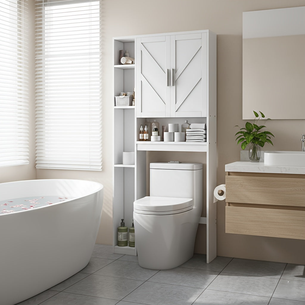 Toilet Storage Masterpiece: White Cabinet Above Toilet + Numerous Storage Cabinets + Additional White Cabinets, Space-Saving Solution for Bathrooms\u002F Laundry Rooms