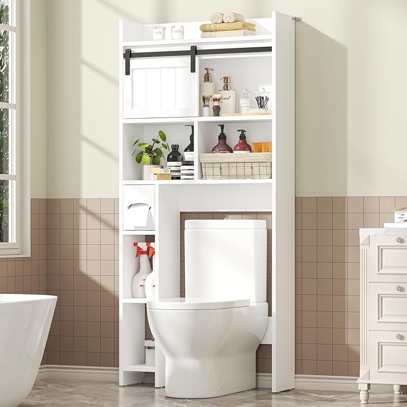 Semoic Over The Toilet Storage Cabinet, Over The Toilet Shelf with Sliding Door& Toilet Paper Holder Stand, Bathroom Above Toilet Storage, Home Space-Saving Toilet Rack for Bathroom, Restroom, Grey