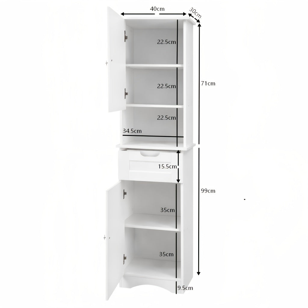 A Slender, Vertical Storage Unit for The Bathroom, Featuring Two Doors, a Drawer, And Open Shelving, Designed in a White Farmhouse Aesthetic, Suitable for The Bathroom, Laundry Area, Entryway, Or Study