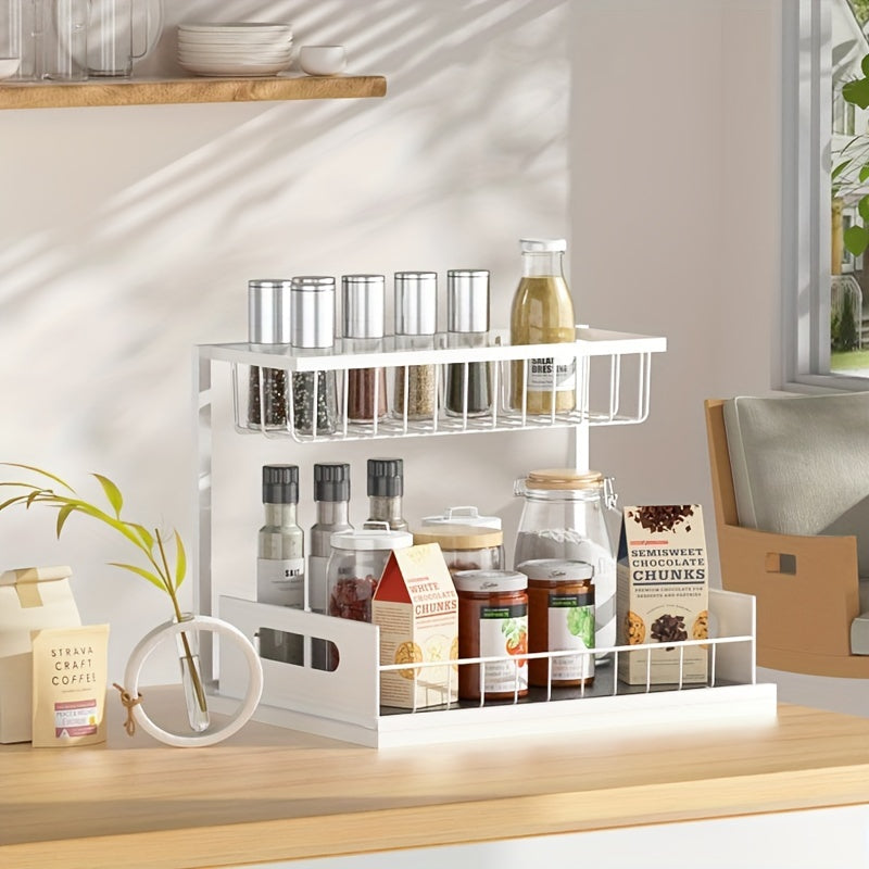 1pc Double-Layer Pull-Out Under Sink Organizer, Carbon Steel Multi-Functional Storage Shelf for Kitchen and Bathroom, Condiment Spice Rack, Medicine Box, Cosmetics Holder - Black\u002FWhite