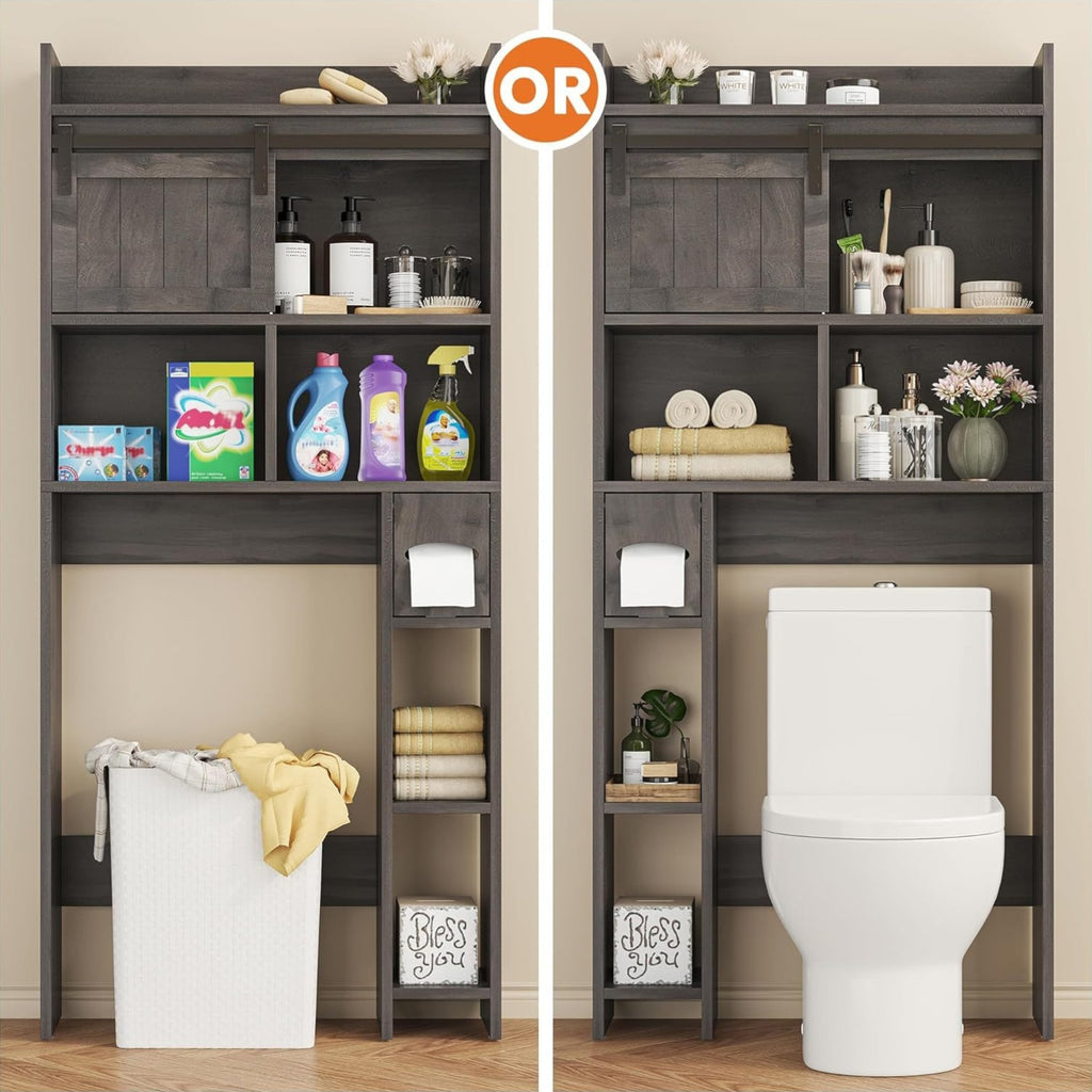 Semoic Over The Toilet Storage Cabinet, Over The Toilet Shelf with Sliding Door& Toilet Paper Holder Stand, Bathroom Above Toilet Storage, Home Space-Saving Toilet Rack for Bathroom, Restroom, Grey
