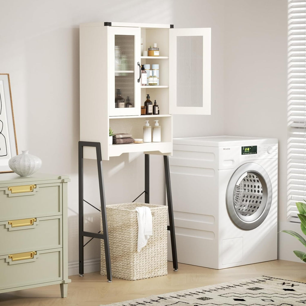 Optimize The Space in Your Bathroom! A Tall, Standalone Toilet Storage Cabinet Featuring Tempered Glass Doors And a Robust Metal Frame. It Is Adjustable And Easy to Assemble