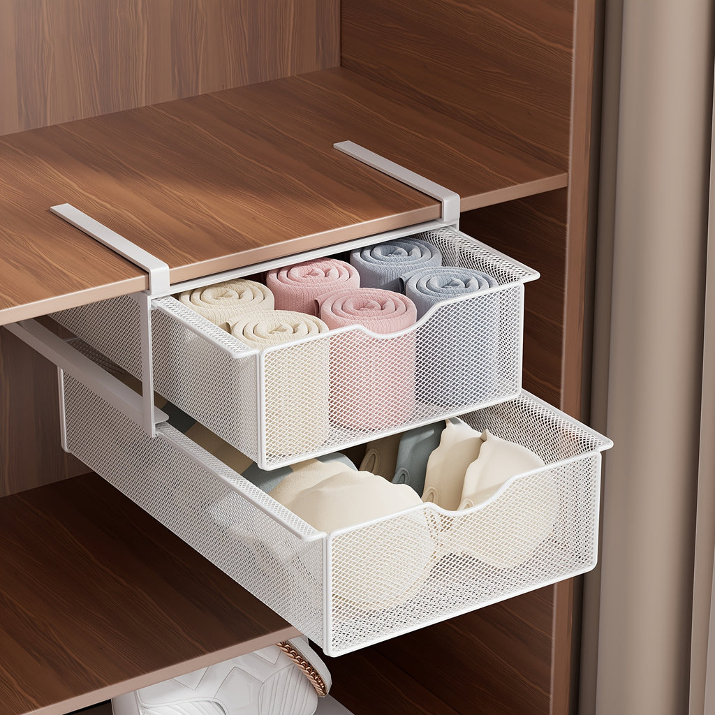 Stackable Pull-Out Drawer Baskets with Two Tiers - Ideal for Organizing Underwear, Socks, And Small Items, Suitable for Closet Shelves And Cabinets, in White