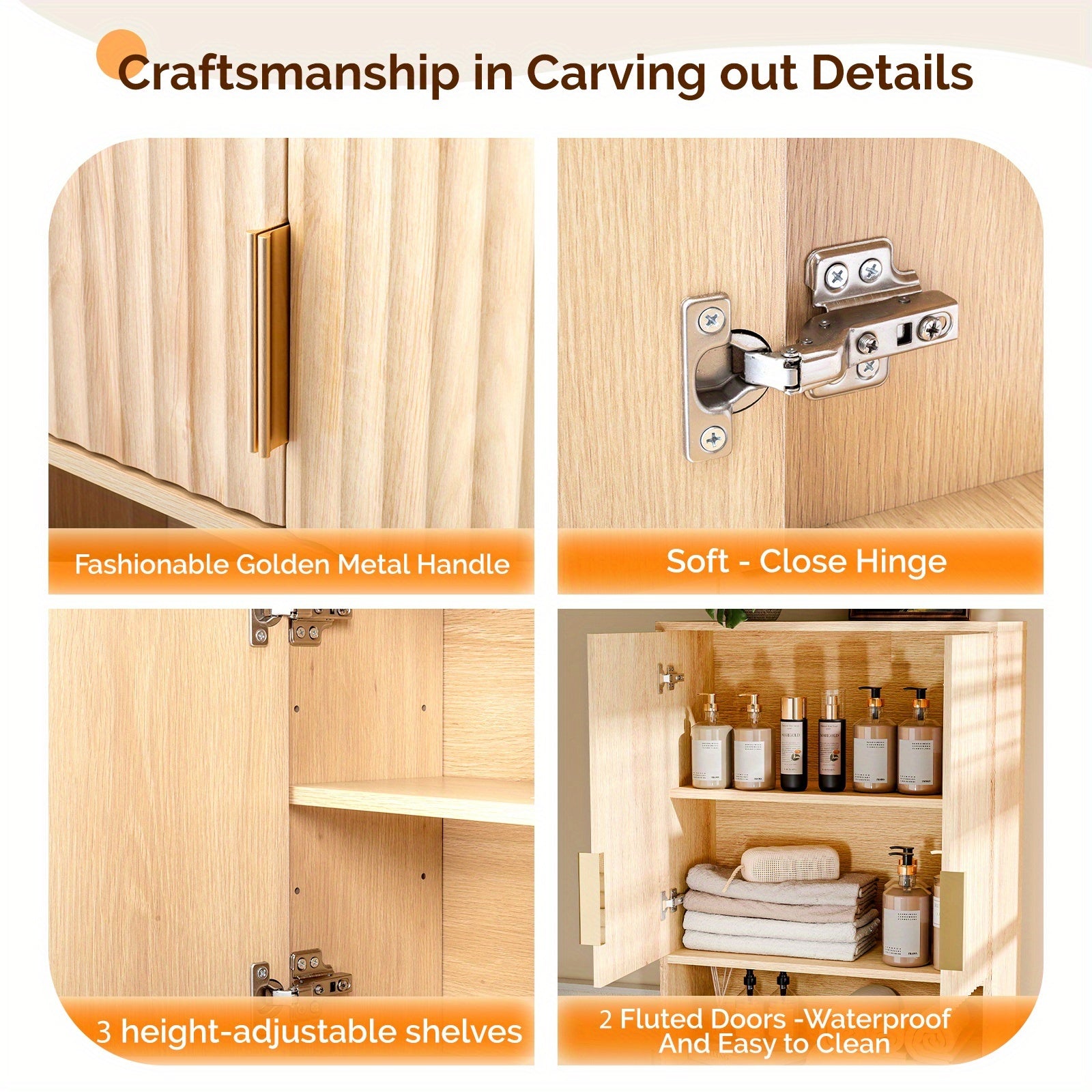 Over - Toilet Storage Cabinet, Fluted Double - Doors, 3 - Tier with Adjustable Shelf, Modern Wood Bathroom Organizer, Natural Oak Color, 41.73\