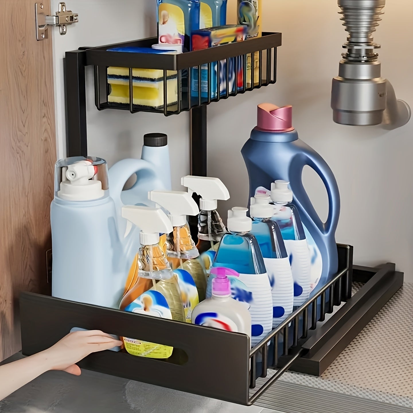 1pc Double-Layer Pull-Out Under Sink Organizer, Carbon Steel Multi-Functional Storage Shelf for Kitchen and Bathroom, Condiment Spice Rack, Medicine Box, Cosmetics Holder - Black\u002FWhite