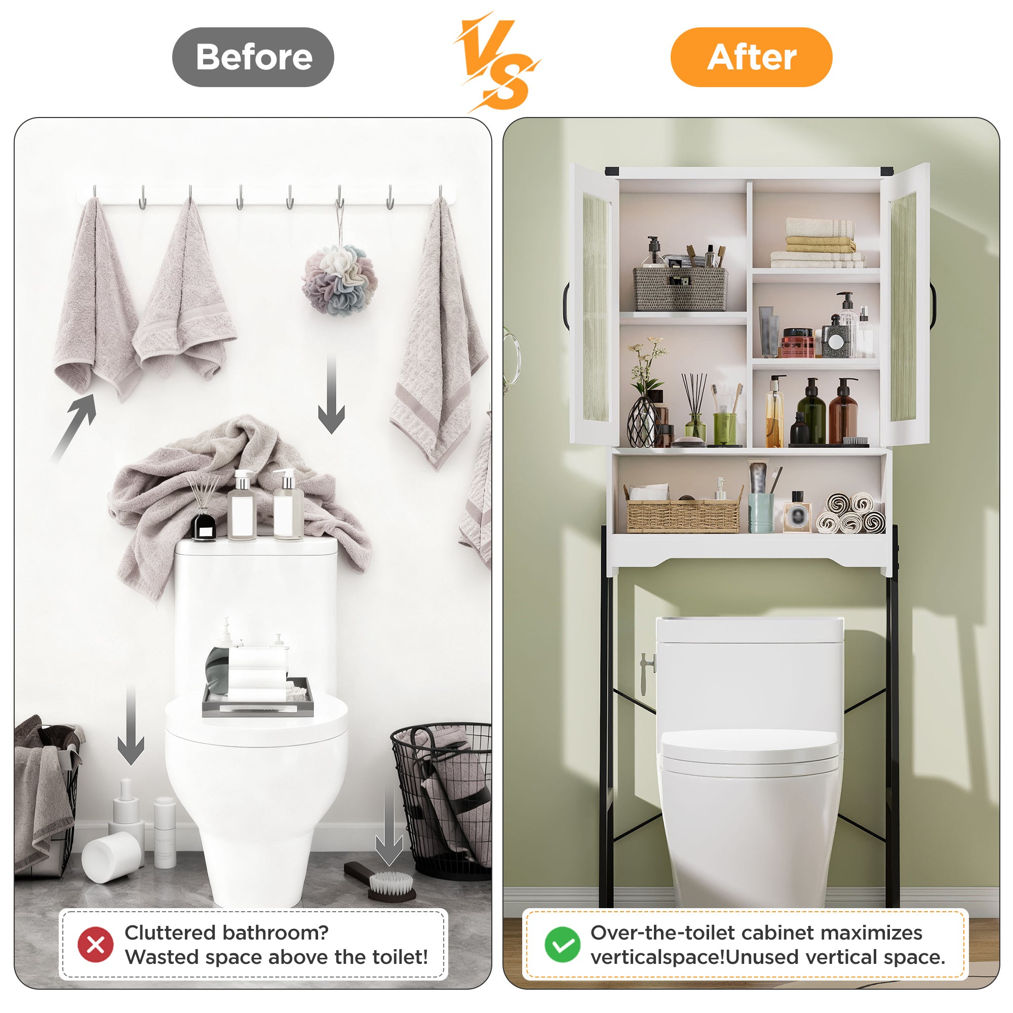 Over The Toilet Storage Cabinet with Tempered Glass Doors Adjustable Shelf Modern White Space Saver for Bathroom Organizer Freestanding Tall Rack