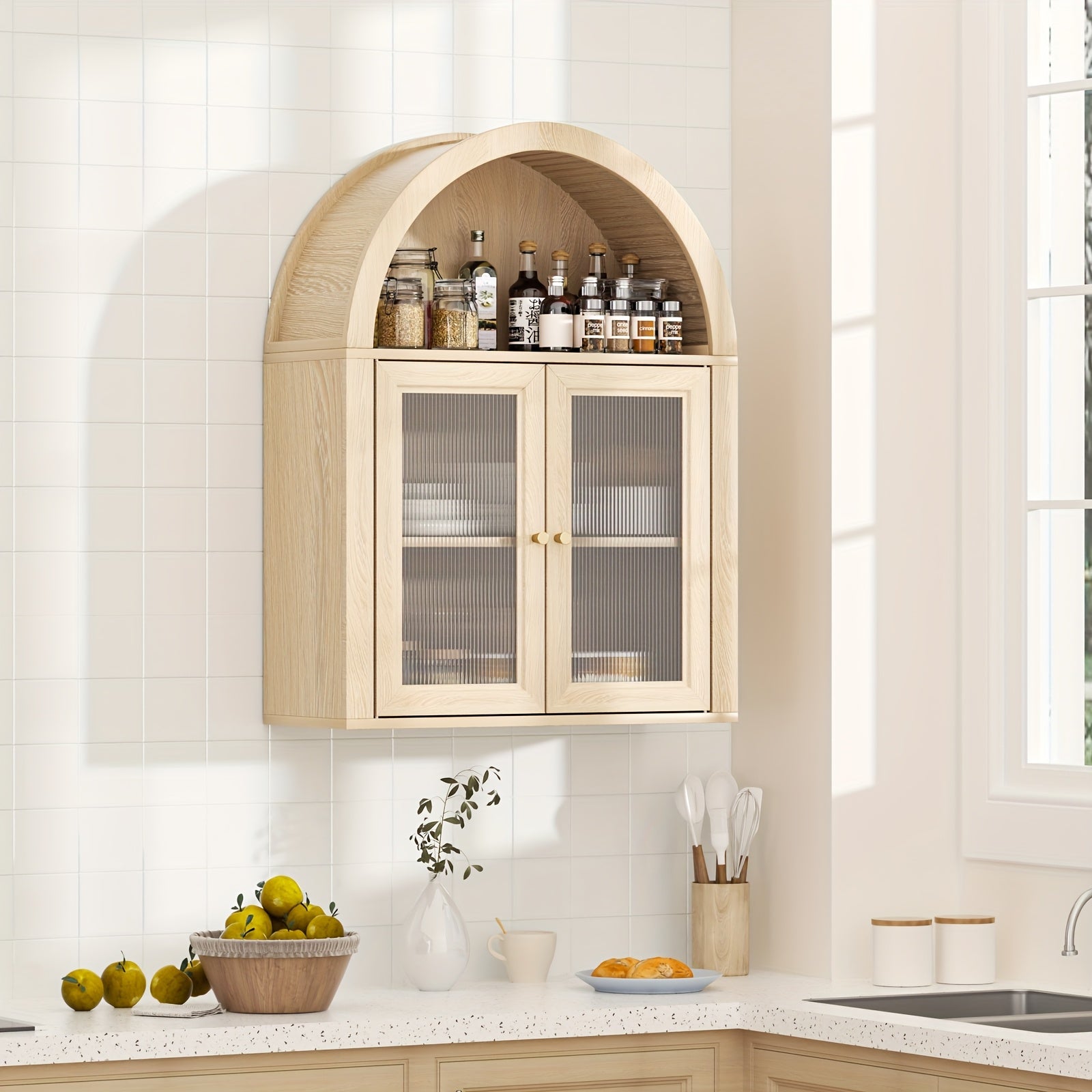 Arched Bathroom Wall Cabinets, Bohemian-style Medicine Cabinet With Acrylic Doors, Storage Cabinet Above The Toilet, Wall-mounted Adjustable Shelves (suitable For The Living Room), Laundry Room, Bathroom