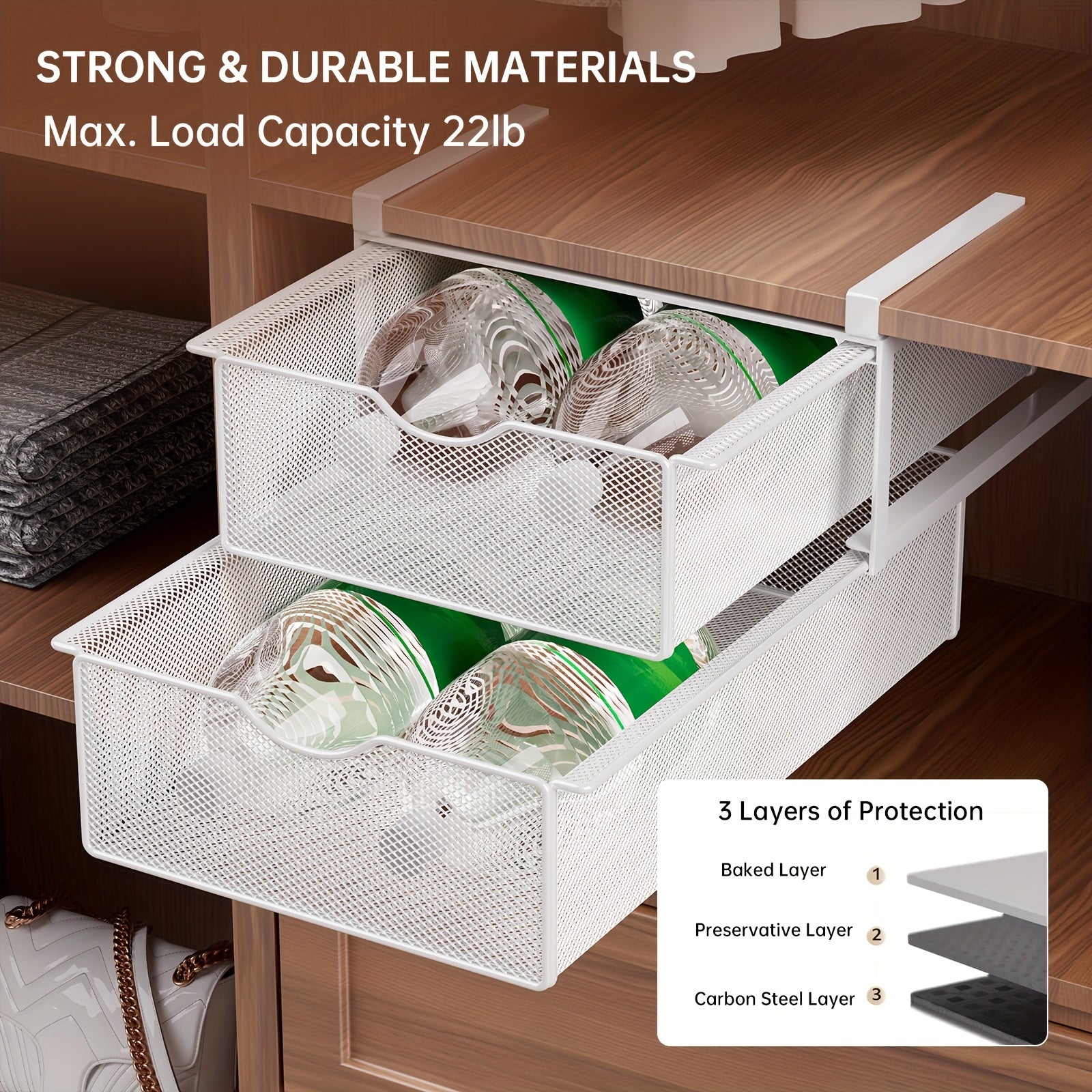 Stackable Pull-Out Drawer Baskets with Two Tiers - Ideal for Organizing Underwear, Socks, And Small Items, Suitable for Closet Shelves And Cabinets, in White