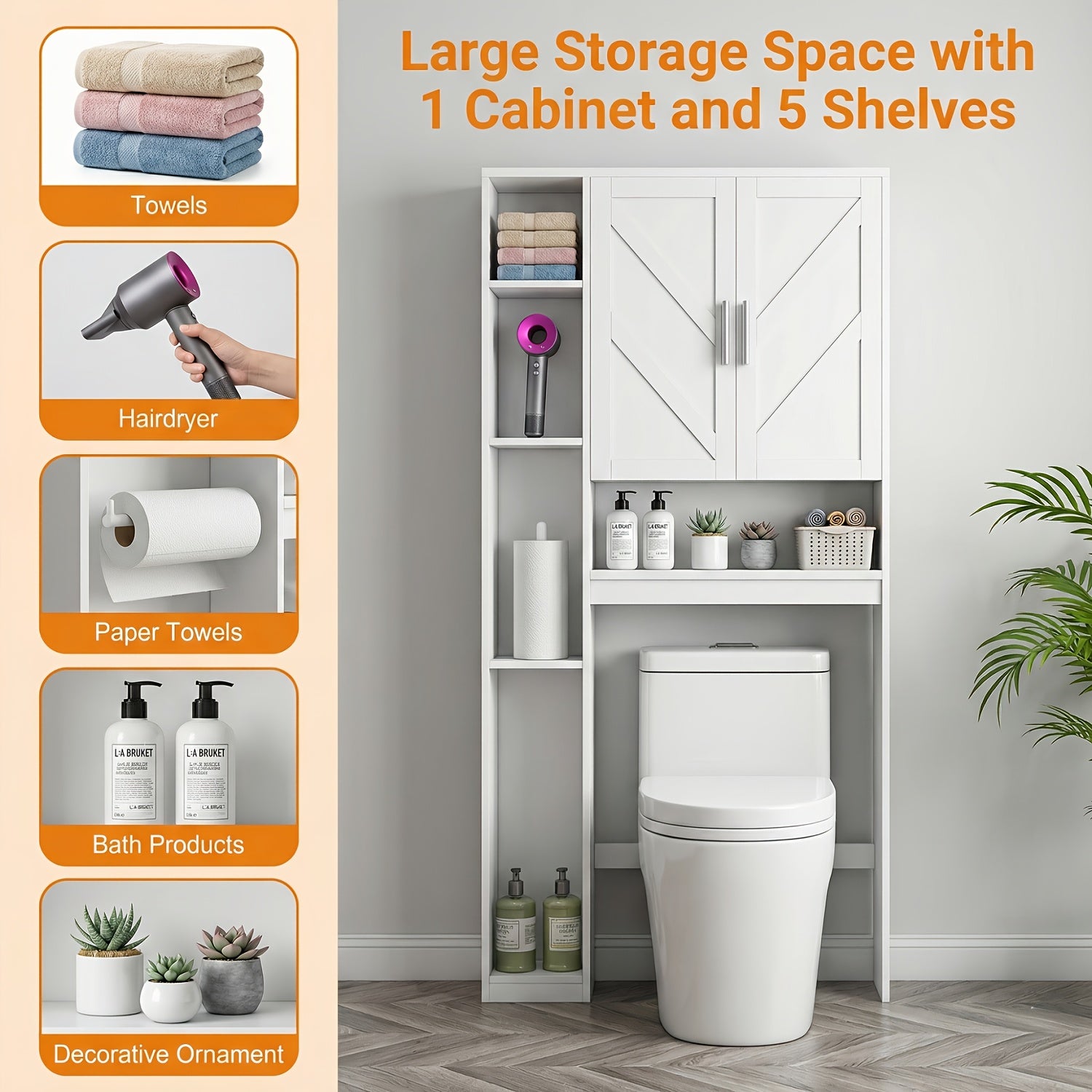 Toilet Storage Masterpiece: White Cabinet Above Toilet + Numerous Storage Cabinets + Additional White Cabinets, Space-Saving Solution for Bathrooms\u002F Laundry Rooms