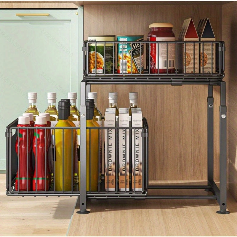 2-Tier Slide-Out Under Sink Organizer - Heavy-Duty Carbon Steel Kitchen & Bathroom Storage Shelf with Adjustable Shelves, Hooks & Sliding Drawers - Space-Saving Cabinet Organizer for Utensils, Spices, Cleaning Supplies - Easy Installation
