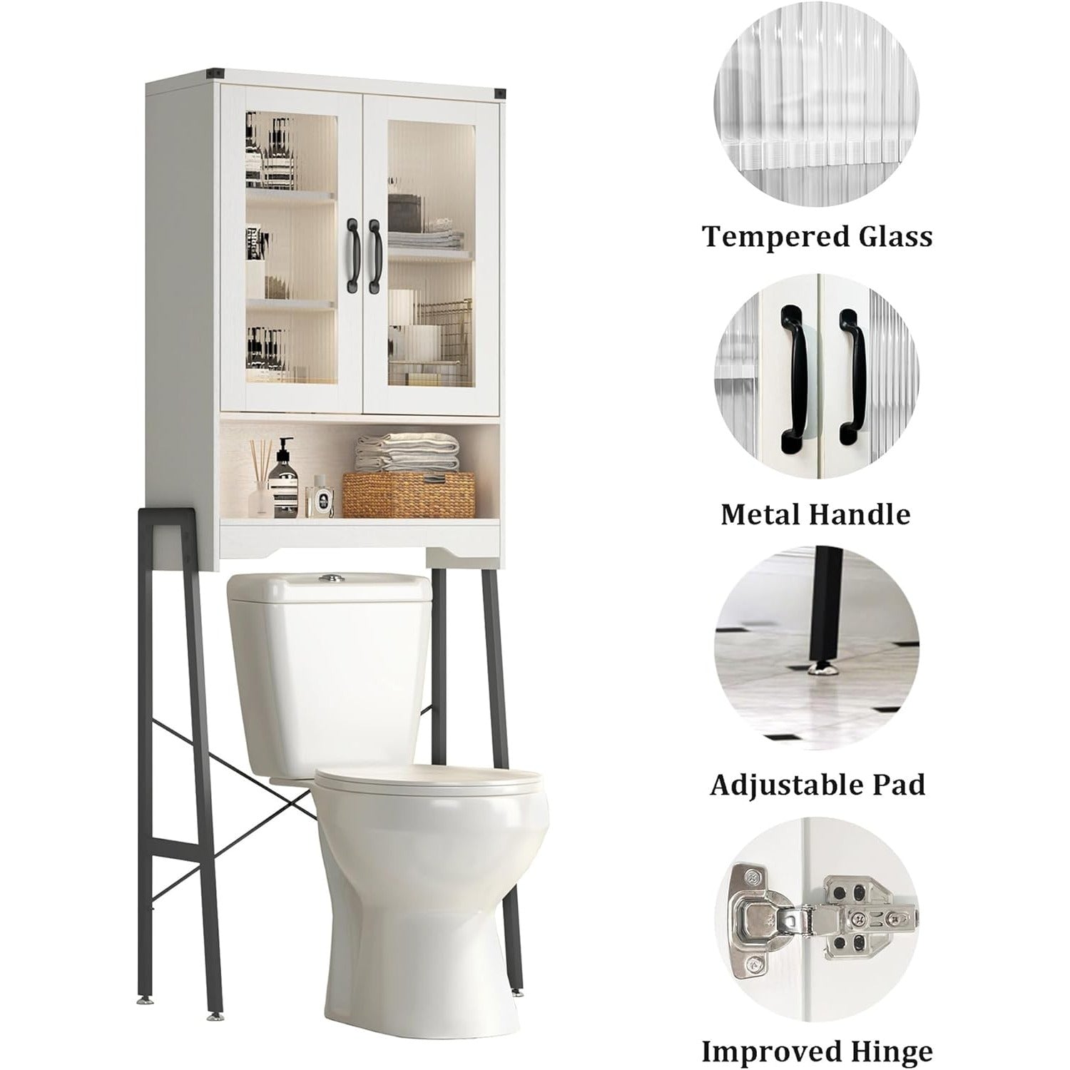 Optimize The Space in Your Bathroom! A Tall, Standalone Toilet Storage Cabinet Featuring Tempered Glass Doors And a Robust Metal Frame. It Is Adjustable And Easy to Assemble