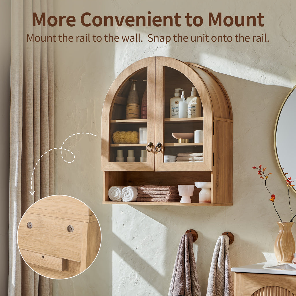 Arched Medicine Cabinet Suitable for Over the Toilet Storage - Modern Wall-Mounted Bathroom Cabinet with Adjustable Shelves, Double Door Arched Top, Wood, Engineered Wood for Laundry Room Organization