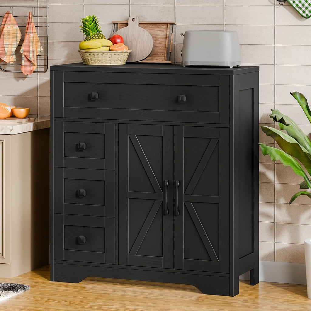 2 Door 4 Drawer Storage Cabinet Freestanding Bathroom Kitchen Organizer with Adjustable Shelves, Multi-Purpose Floor Cupboard for Living Room, Bedroom, Bathroom, Kitchen Pantry - Modern Home Storage Hutch