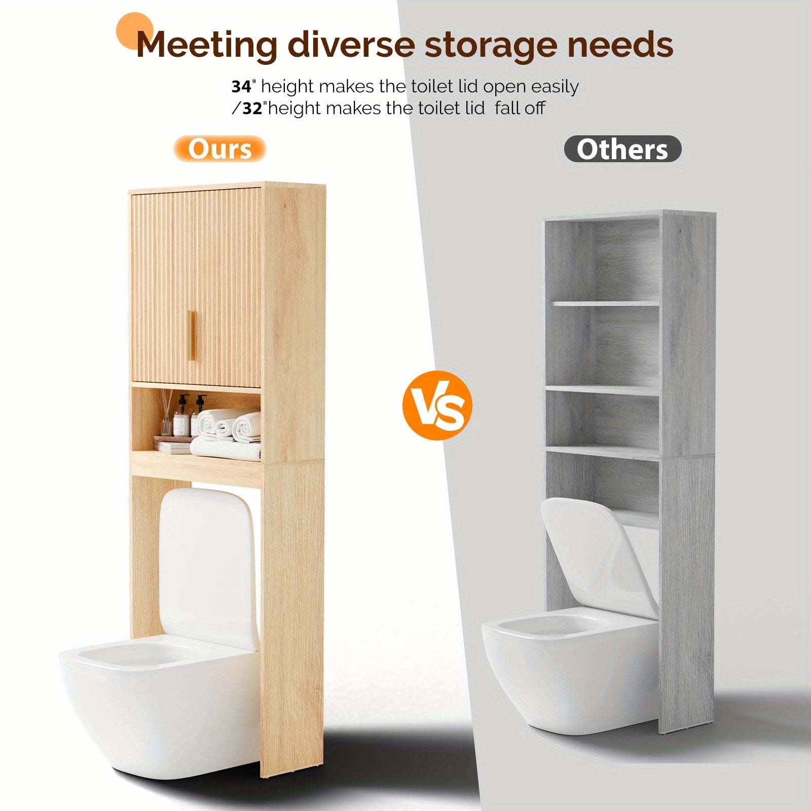 Over - Toilet Storage Cabinet, Fluted Double - Doors, 3 - Tier with Adjustable Shelf, Modern Wood Bathroom Organizer, Natural Oak Color, 41.73\