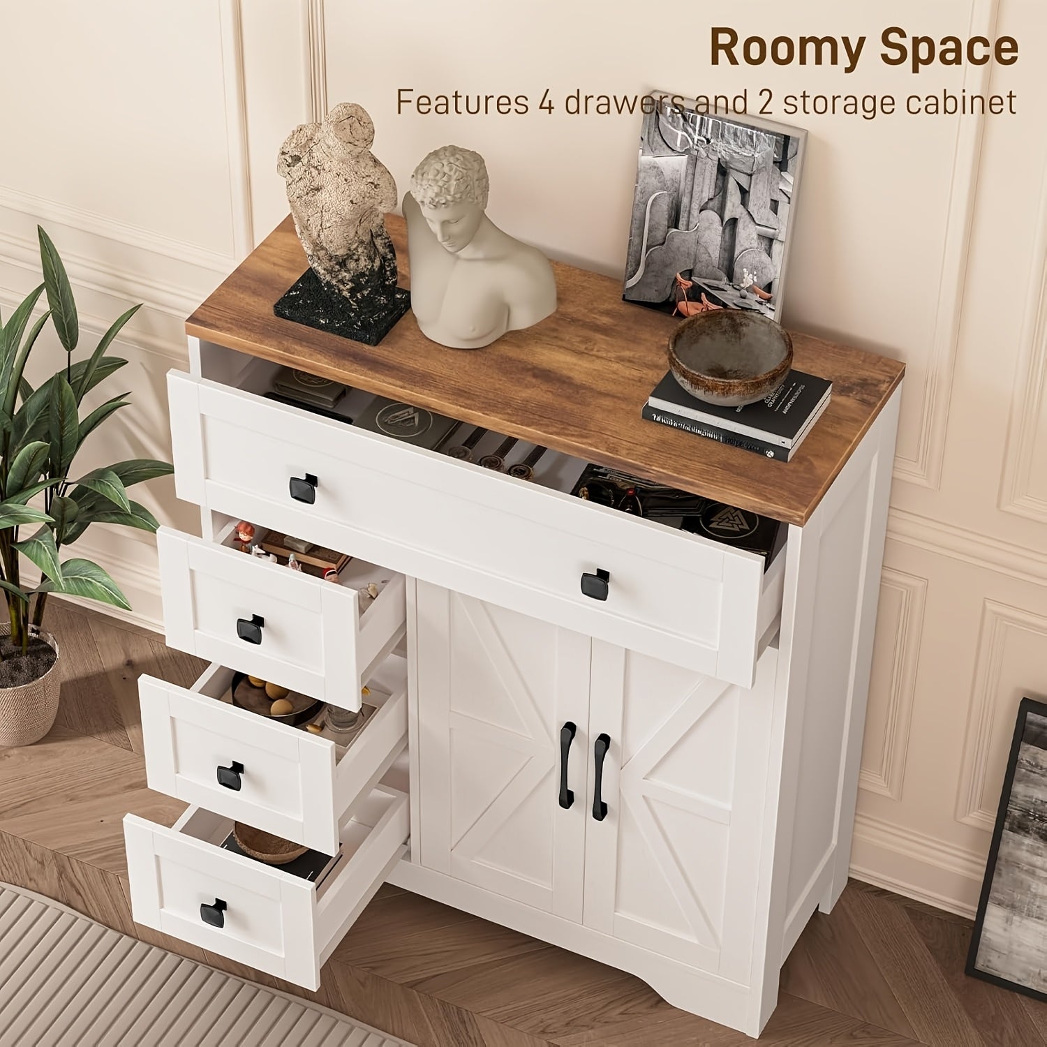 2 Door 4 Drawer Storage Cabinet Freestanding Bathroom Kitchen Organizer with Adjustable Shelves, Multi-Purpose Floor Cupboard for Living Room, Bedroom, Bathroom, Kitchen Pantry - Modern Home Storage Hutch