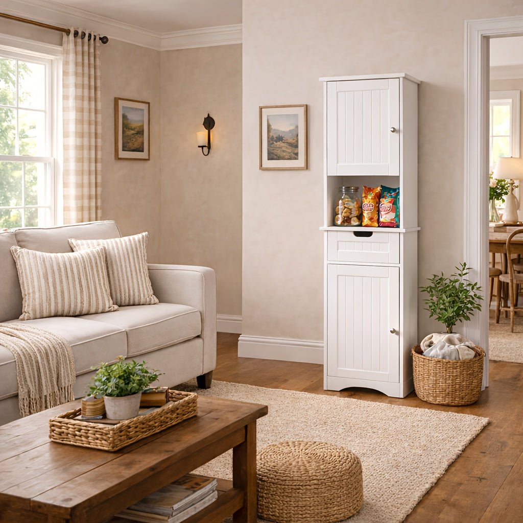 A Slender, Vertical Storage Unit for The Bathroom, Featuring Two Doors, a Drawer, And Open Shelving, Designed in a White Farmhouse Aesthetic, Suitable for The Bathroom, Laundry Area, Entryway, Or Study