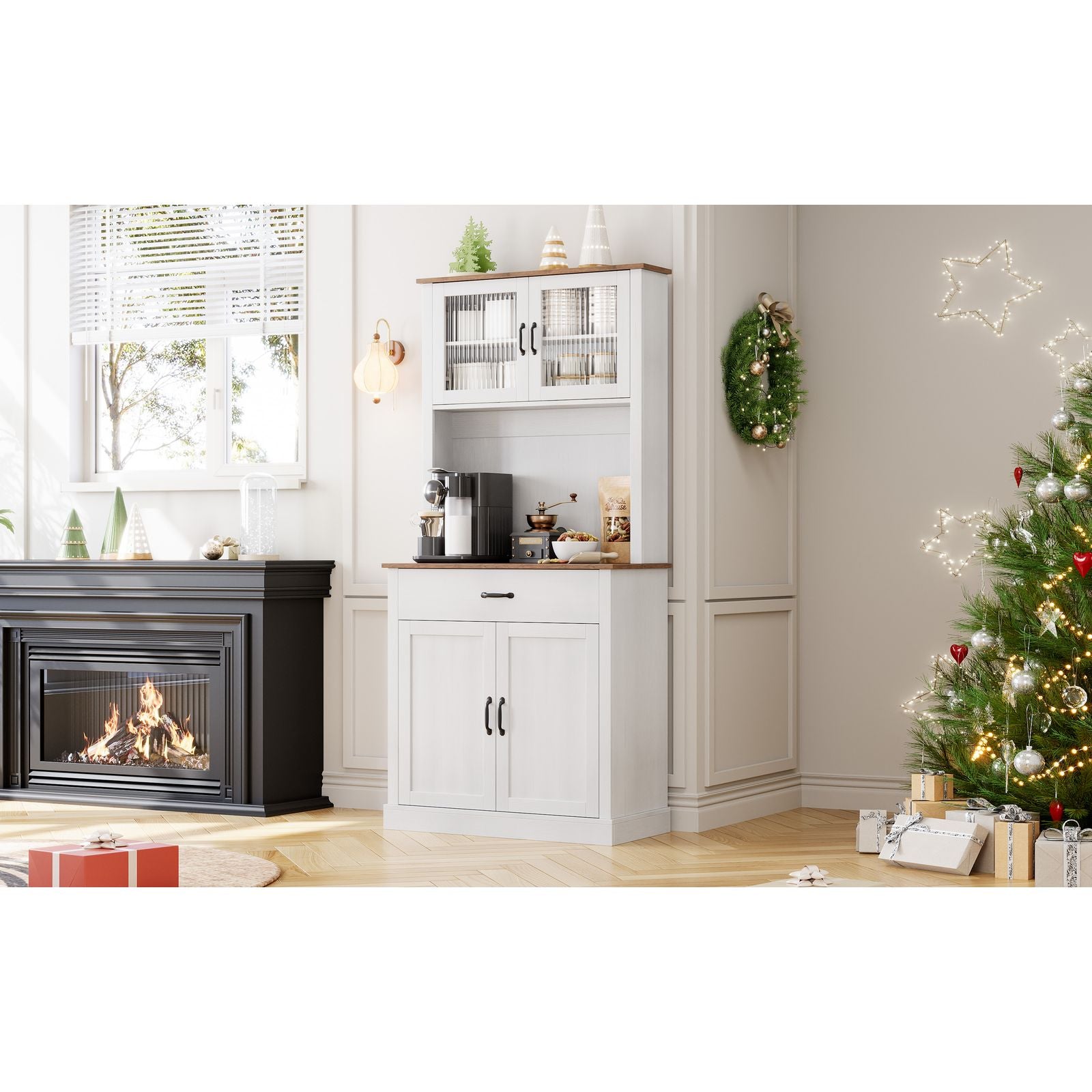A Tall, Freestanding Kitchen Pantry Cabinet That Includes a Microwave Stand, Measuring 71 Inches in Height. This White Storage Cabinet Features Doors And Shelves, Making It Suitable for Dining Rooms, Bedrooms