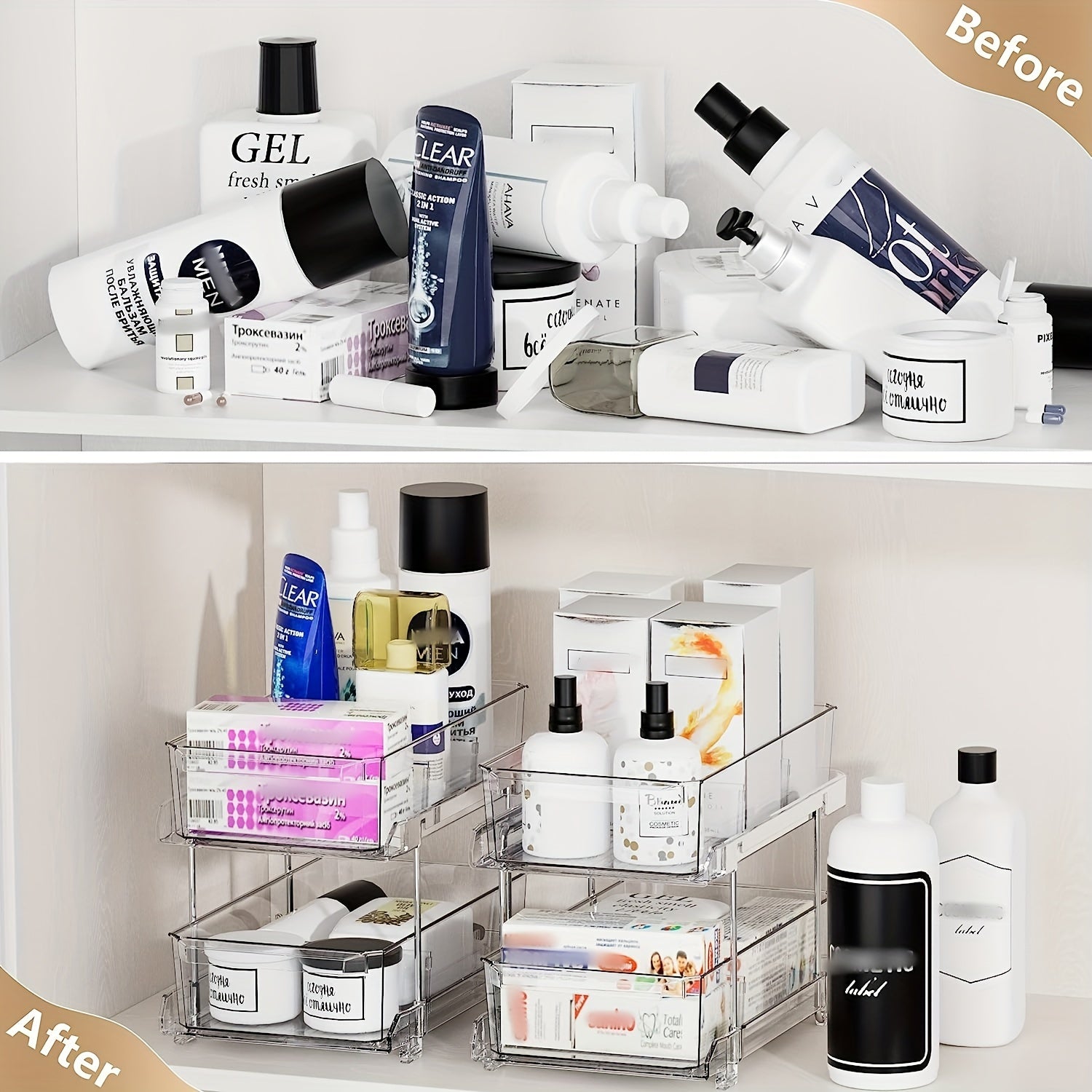 A Double-Layer Transparent Storage Container with Dividers, Versatile Pull-Out Storage Solution, Organizer for Bathroom Vanities, Sink Cabinet Organizer, Kitchen Storage, And Medicine Storage Container