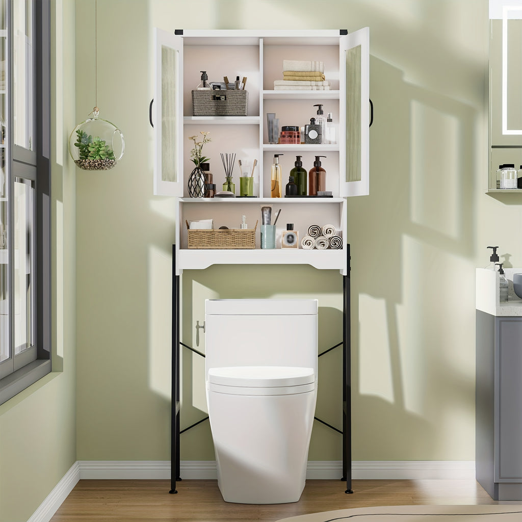 Optimize The Space in Your Bathroom! A Tall, Standalone Toilet Storage Cabinet Featuring Tempered Glass Doors And a Robust Metal Frame. It Is Adjustable And Easy to Assemble
