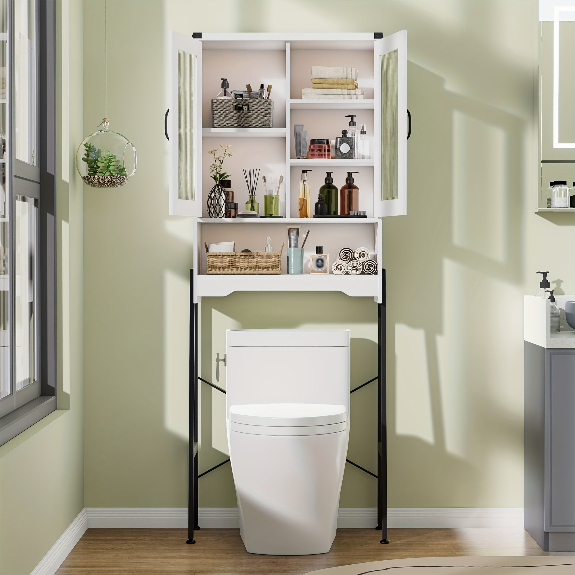 Optimize The Space in Your Bathroom! A Tall, Standalone Toilet Storage Cabinet Featuring Tempered Glass Doors And a Robust Metal Frame. It Is Adjustable And Easy to Assemble