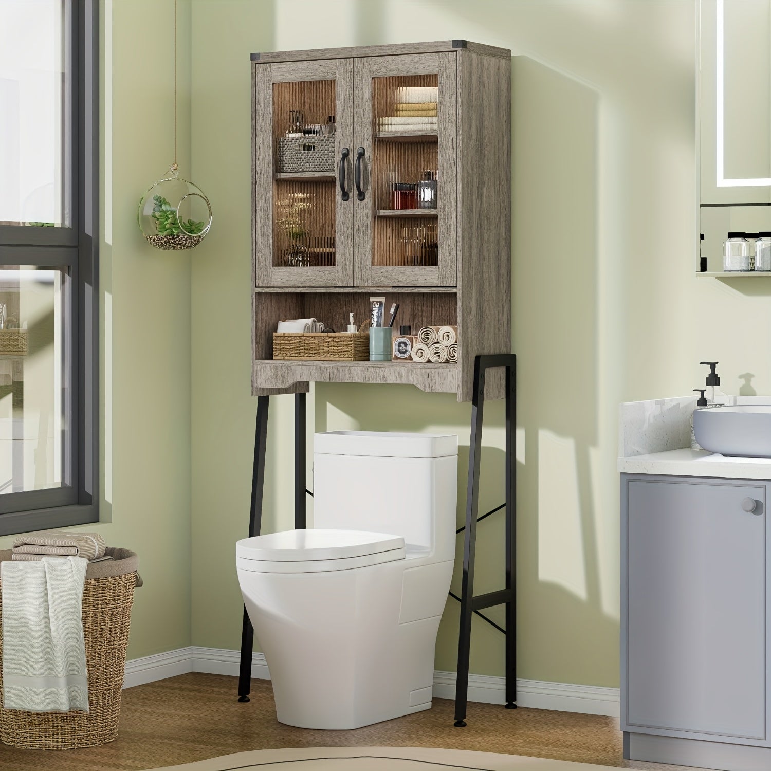 Optimize The Space in Your Bathroom! A Tall, Standalone Toilet Storage Cabinet Featuring Tempered Glass Doors And a Robust Metal Frame. It Is Adjustable And Easy to Assemble
