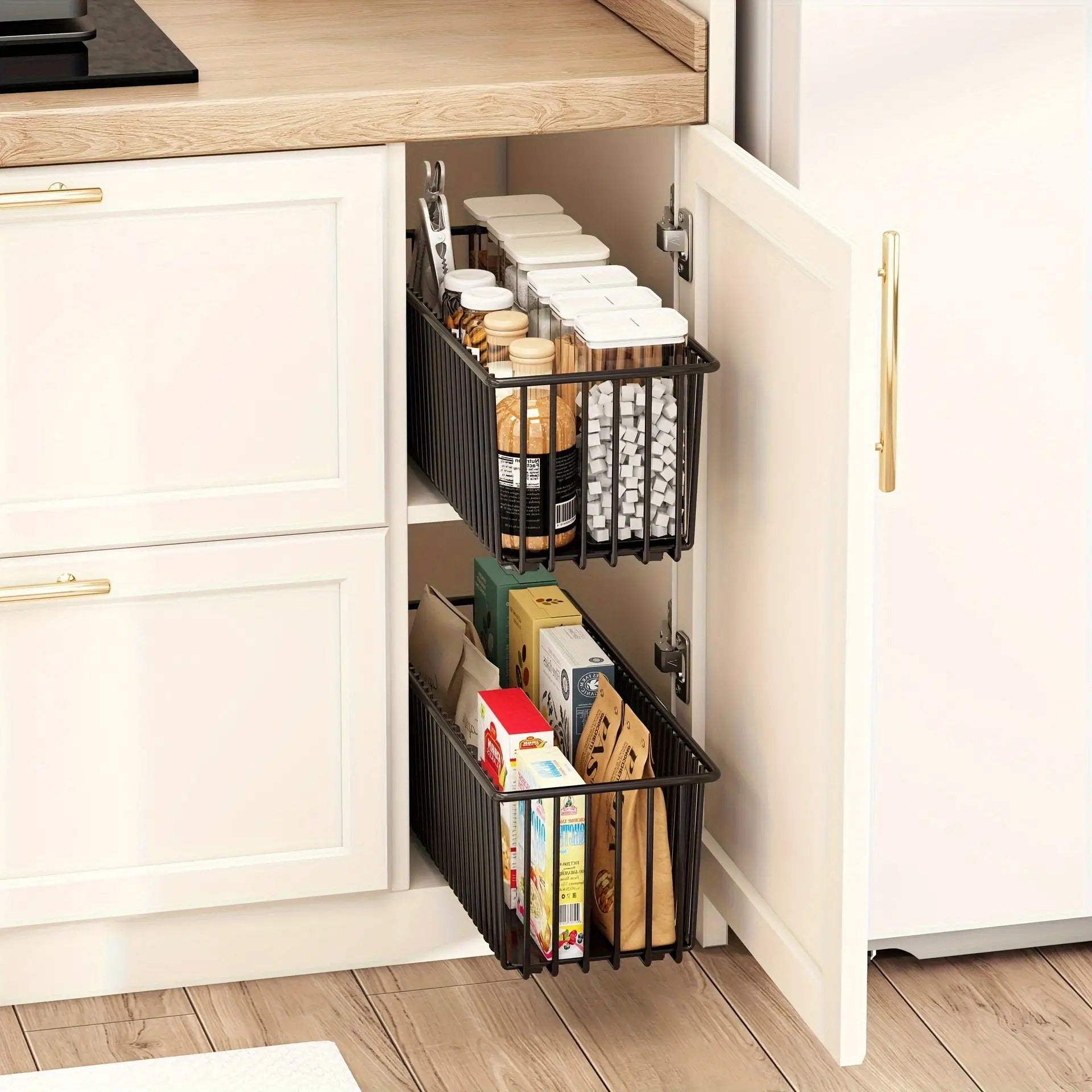 2pcs Black Metal Basket 2pcs Pull-Out Cabinet Storage Basket, Black Metal Drawer, Suitable for Kitchen and Bathroom, Sink Shelf Design With Multiple Compartments for Storing Spices, Jars, and Bottles, Minimalist Black Appearance