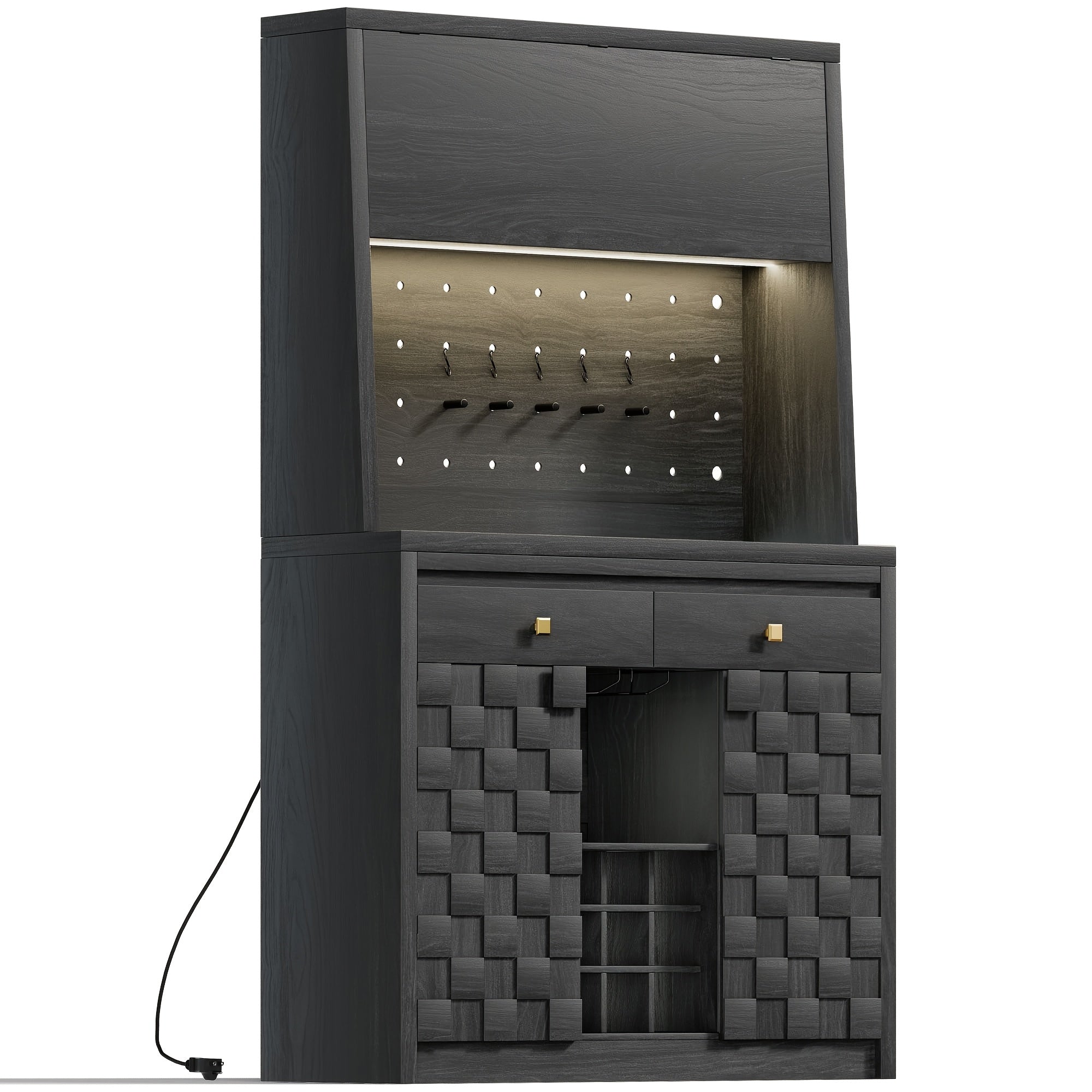 Tall Pantry Cabinet with Charging Station, Large Kitchen Hutch with Pegboard, Sideboard Buffet Cabinet with Drawers, Kitchen Cupboard with Hydraulic Flip Up Door for Dining Room