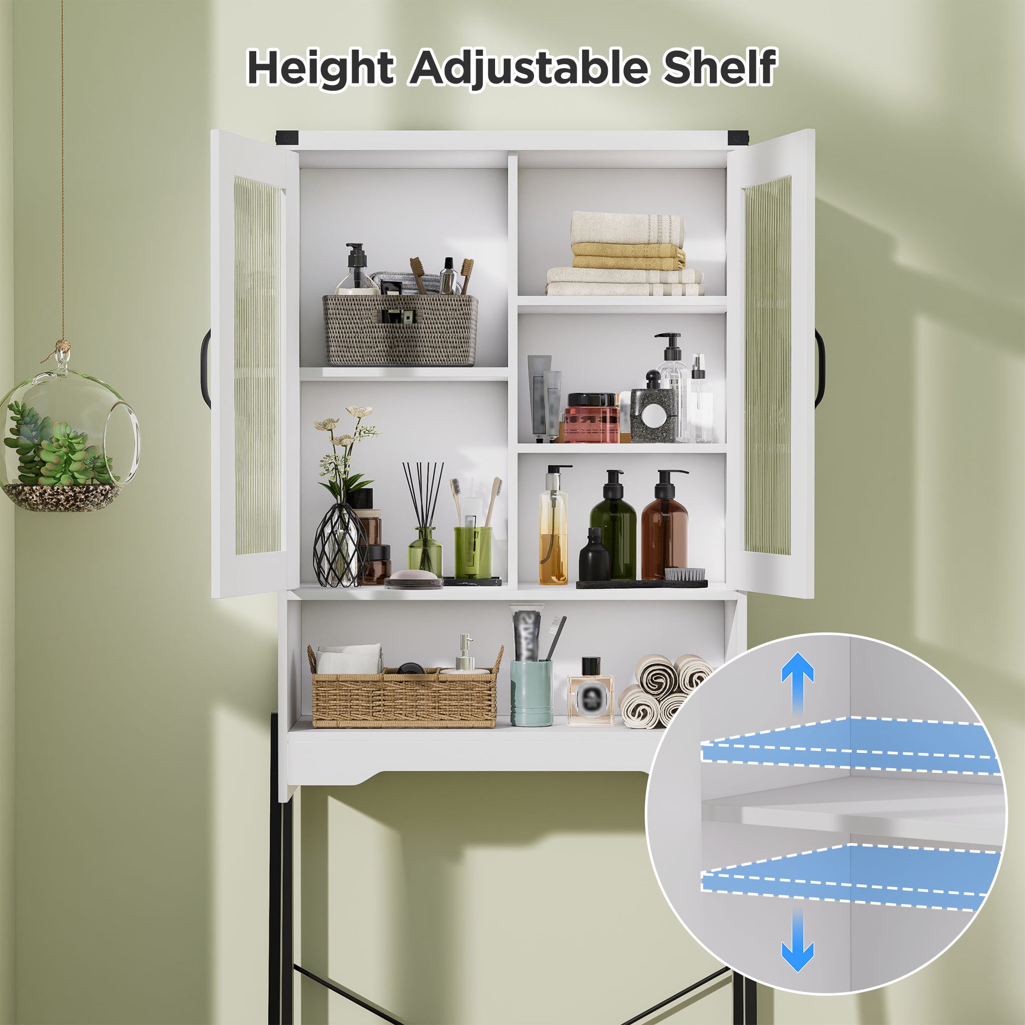 Over The Toilet Storage Cabinet with Tempered Glass Doors Adjustable Shelf Modern White Space Saver for Bathroom Organizer Freestanding Tall Rack