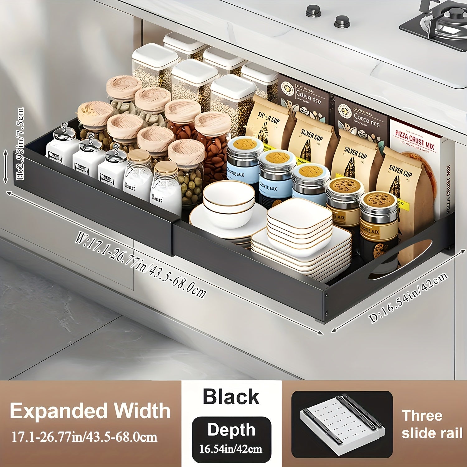 Pull-out Drawer Organizer, Expandable Single-layer Sliding Drawer Organizer for Kitchen Cabinets, Expandable Pull-out Drawer, Cabinet Organization Storage Drawer, Multi-functional Application Scenario Storage Cabinet