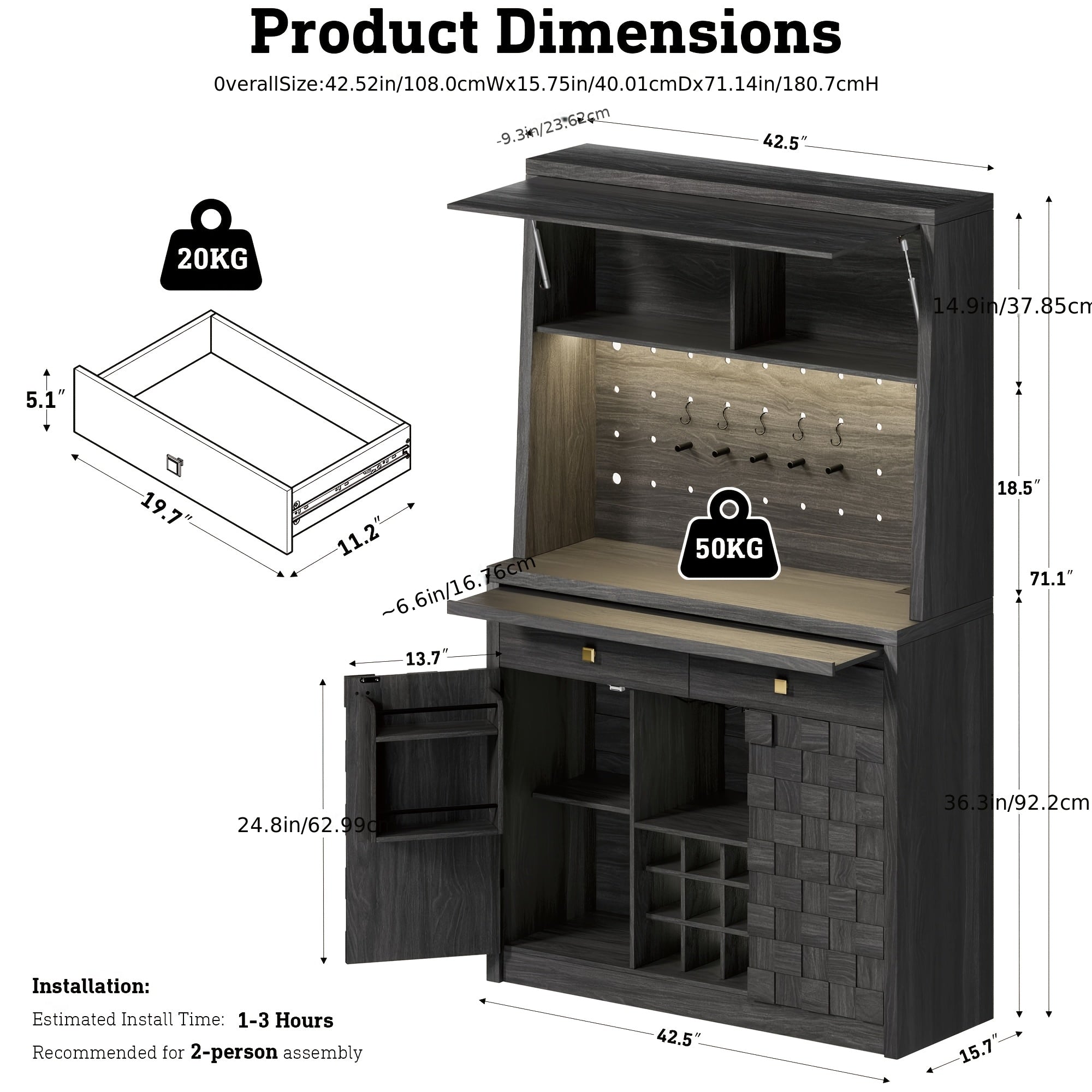Tall Pantry Cabinet with Charging Station, Large Kitchen Hutch with Pegboard, Sideboard Buffet Cabinet with Drawers, Kitchen Cupboard with Hydraulic Flip Up Door for Dining Room