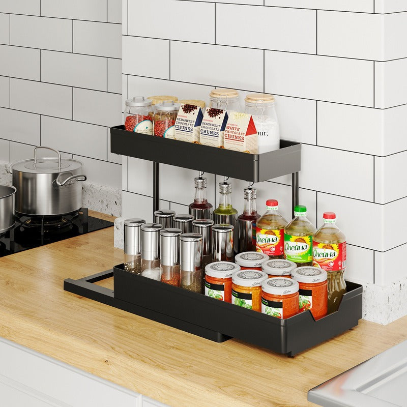 A Two-tier Pull-out Storage Rack Crafted with Meticulous Care, a Sink Countertop Organization and Storage Solution. This Bathroom Storage Shelf Is Easy to Disassemble, Featuring a Large-capacity and Portable Design. Ideal for Kitchen Storage