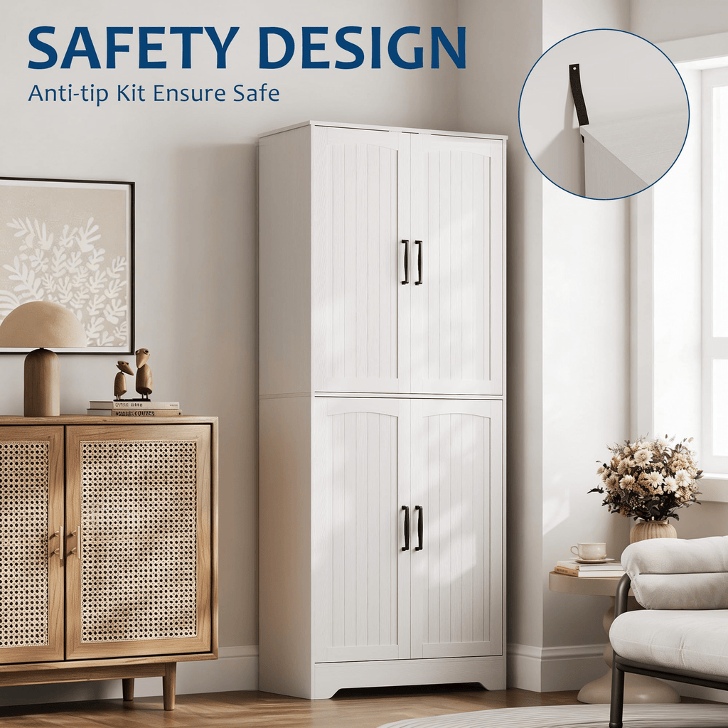 70-inch Tall Modern Farmhouse Pantry Cabinet with 4 Barn Doors & Adjustable Shelves - White Suitable for Kitchen, Living Room Storage,, Assembly, Housewarming Gift for Home, Bedroom, Entryway Organization