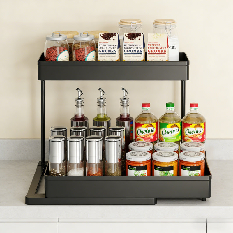 A Two-tier Pull-out Storage Rack Crafted with Meticulous Care, a Sink Countertop Organization and Storage Solution. This Bathroom Storage Shelf Is Easy to Disassemble, Featuring a Large-capacity and Portable Design. Ideal for Kitchen Storage