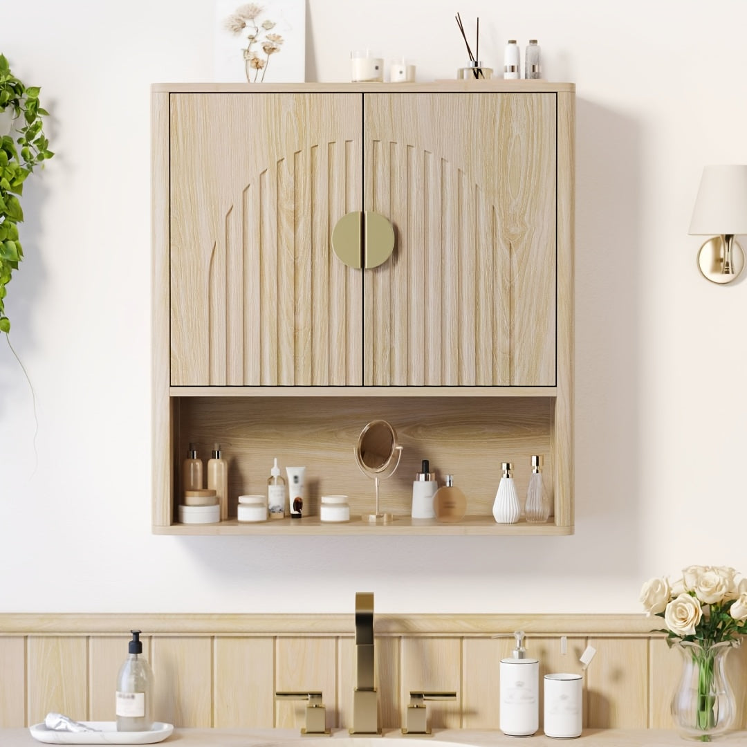 24.4-Inch Modern Recessed Bathroom Wall Cabinet with Golden Handles, Storage Cabinet Above The Toilet, Featuring Adjustable Shelves And Open Shelving, Suitable for Bathrooms, Vanities, And Laundry Rooms