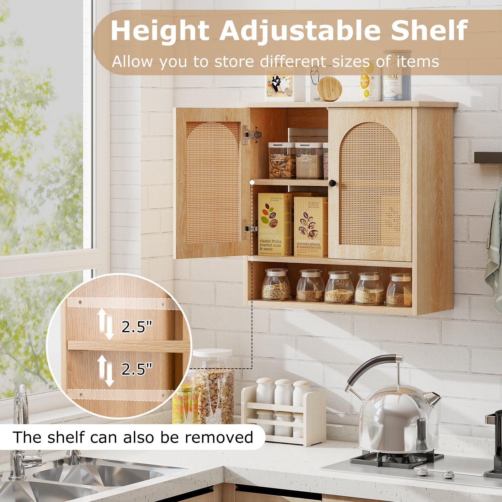 COSTWAY Bathroom Wall-Mounted Cabinet, Faux Rattan Medicine Cabinet with Adjustable Shelves & Open Cube, Open-Back Storage Cabinet Over Toilet, Storage Organizer Unit for Laundry Room, Kitchen