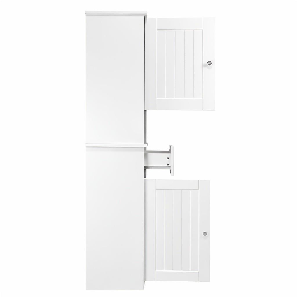 A Slender, Vertical Storage Unit for The Bathroom, Featuring Two Doors, a Drawer, And Open Shelving, Designed in a White Farmhouse Aesthetic, Suitable for The Bathroom, Laundry Area, Entryway, Or Study