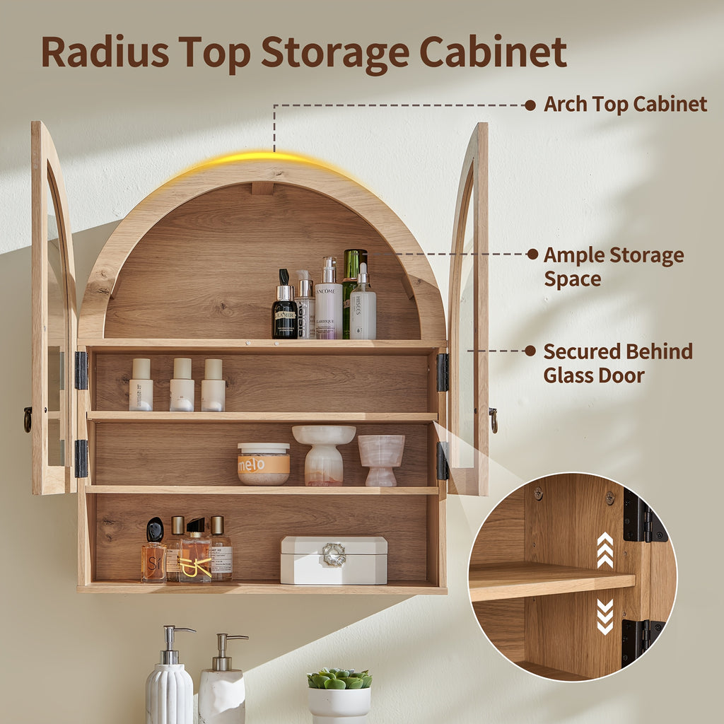 Arched Medicine Cabinet Suitable for Over the Toilet Storage - Modern Wall-Mounted Bathroom Cabinet with Adjustable Shelves, Double Door Arched Top, Wood, Engineered Wood for Laundry Room Organization