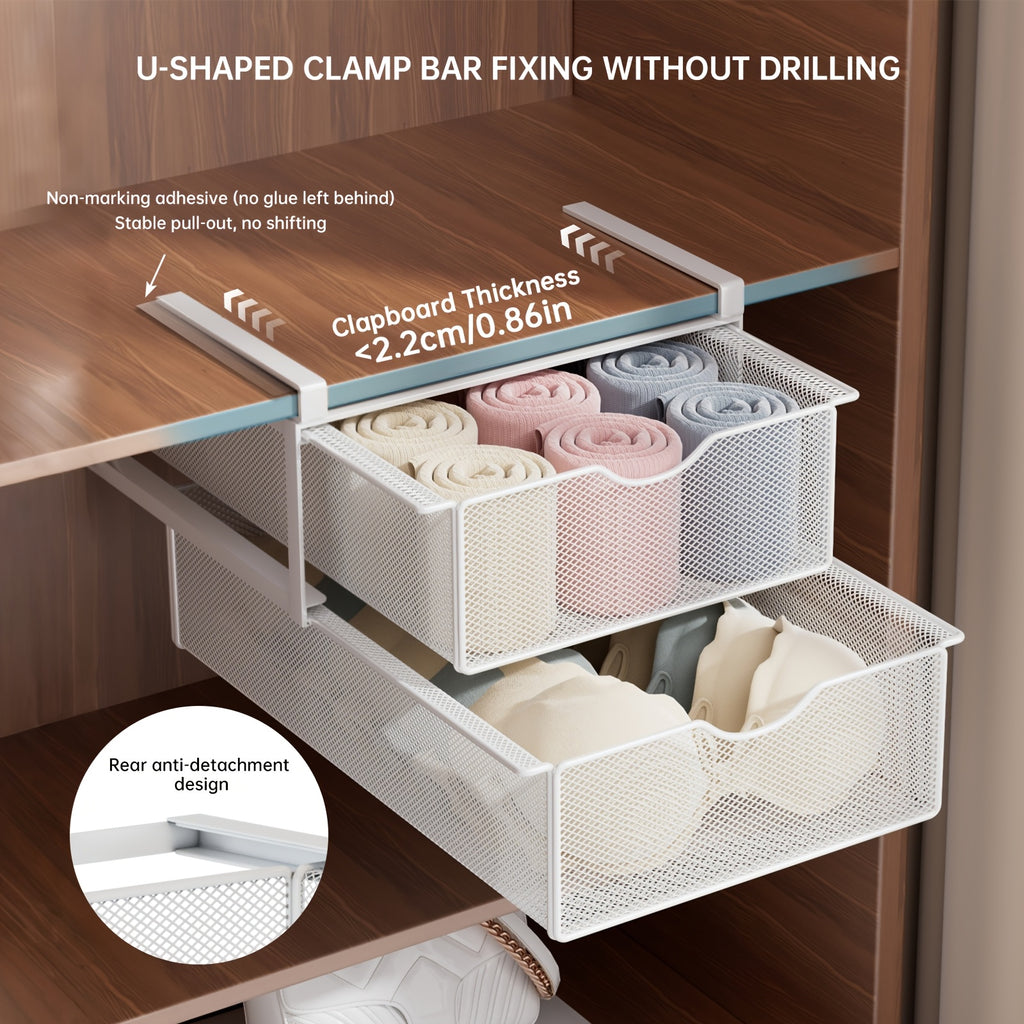 Stackable Pull-Out Drawer Baskets with Two Tiers - Ideal for Organizing Underwear, Socks, And Small Items, Suitable for Closet Shelves And Cabinets, in White