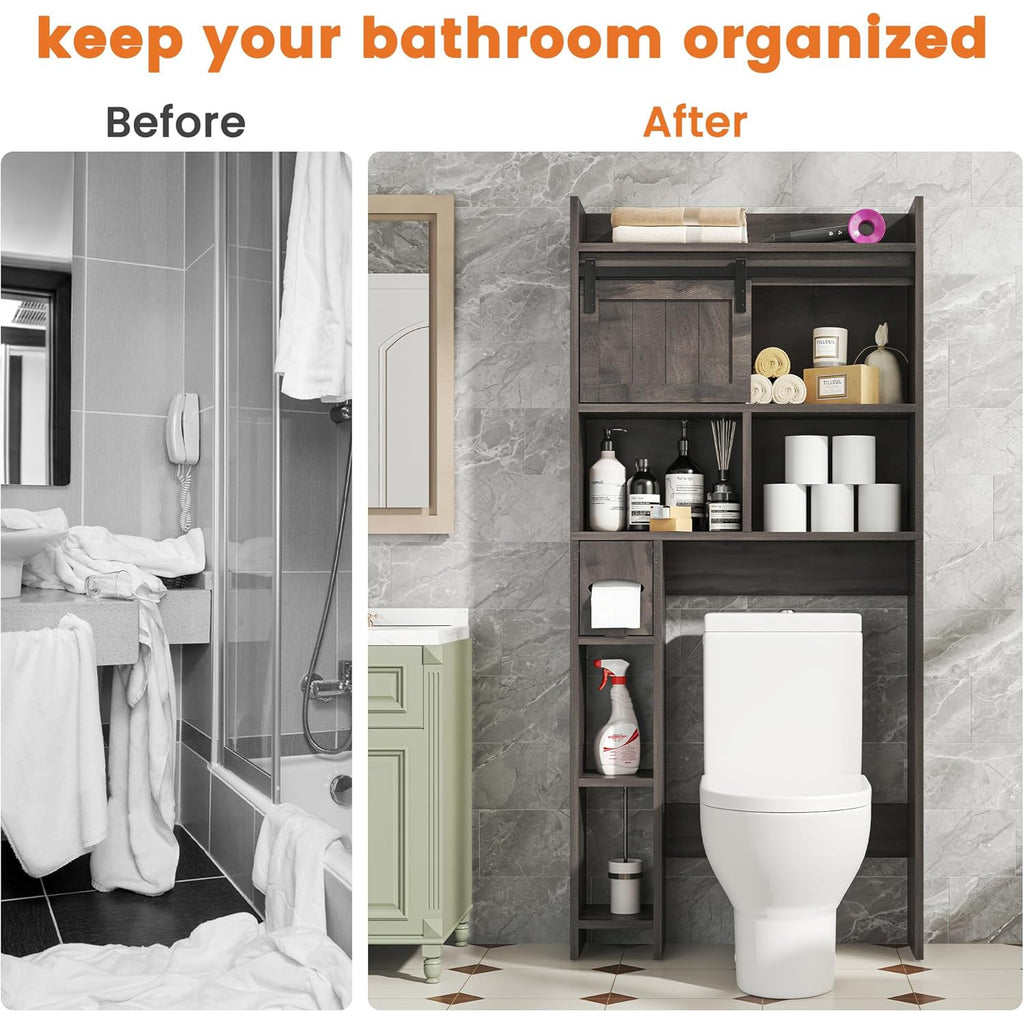 Semoic Over The Toilet Storage Cabinet, Over The Toilet Shelf with Sliding Door& Toilet Paper Holder Stand, Bathroom Above Toilet Storage, Home Space-Saving Toilet Rack for Bathroom, Restroom, Grey