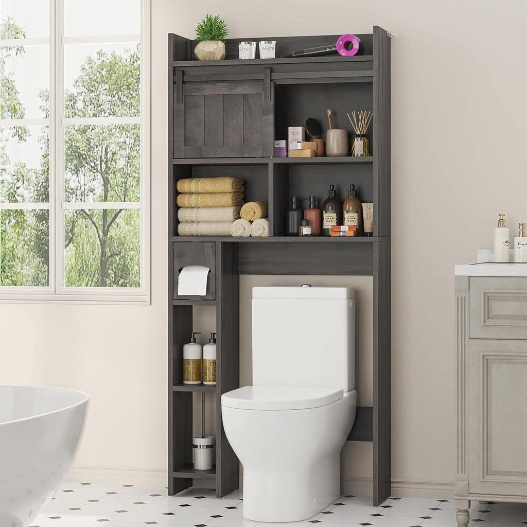 Semoic Over The Toilet Storage Cabinet, Over The Toilet Shelf with Sliding Door& Toilet Paper Holder Stand, Bathroom Above Toilet Storage, Home Space-Saving Toilet Rack for Bathroom, Restroom, Grey