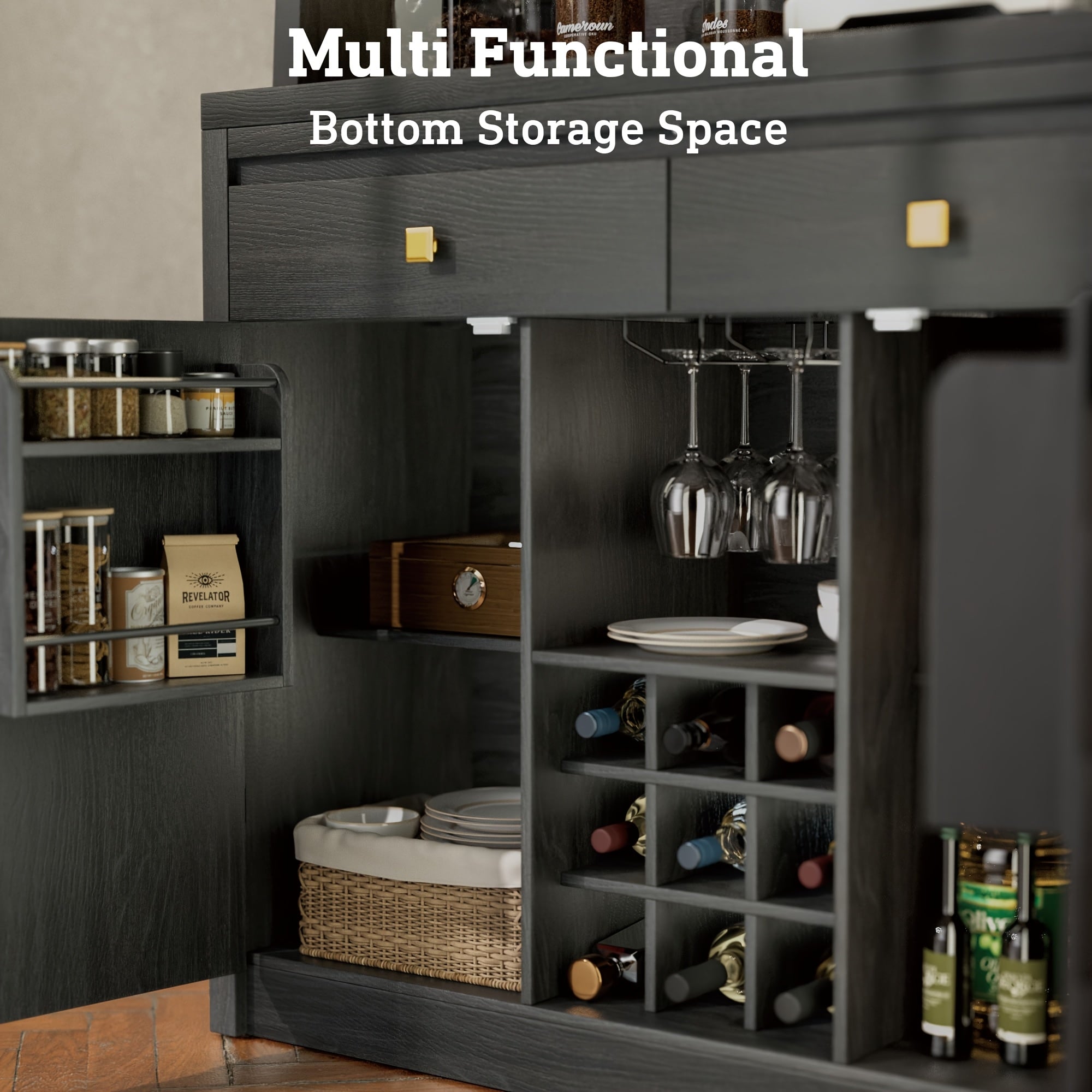 Tall Pantry Cabinet with Charging Station, Large Kitchen Hutch with Pegboard, Sideboard Buffet Cabinet with Drawers, Kitchen Cupboard with Hydraulic Flip Up Door for Dining Room