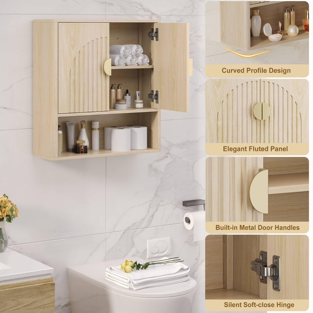 24.4-Inch Modern Recessed Bathroom Wall Cabinet with Golden Handles, Storage Cabinet Above The Toilet, Featuring Adjustable Shelves And Open Shelving, Suitable for Bathrooms, Vanities, And Laundry Rooms