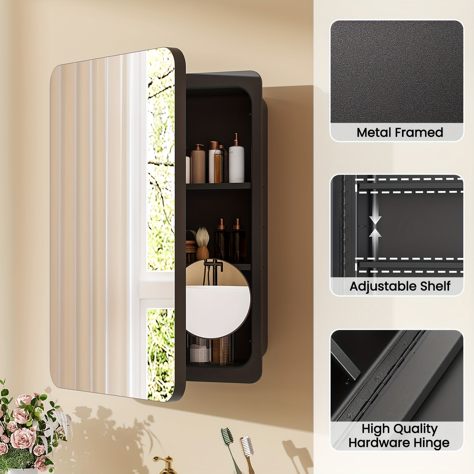 18 Inches Wide by 25 Inches High Bathroom Mirror Cabinet, Contemporary Makeup Mirrors, Wall-Mounted Bathroom Medicine Cabinet