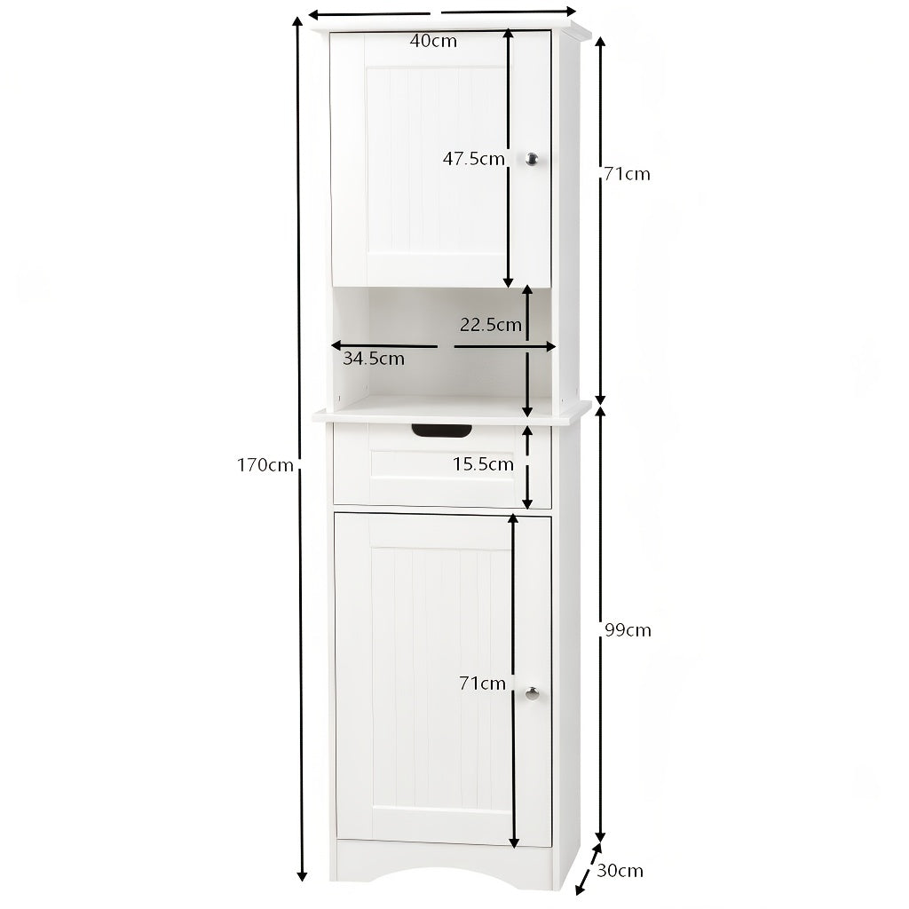 A Slender, Vertical Storage Unit for The Bathroom, Featuring Two Doors, a Drawer, And Open Shelving, Designed in a White Farmhouse Aesthetic, Suitable for The Bathroom, Laundry Area, Entryway, Or Study