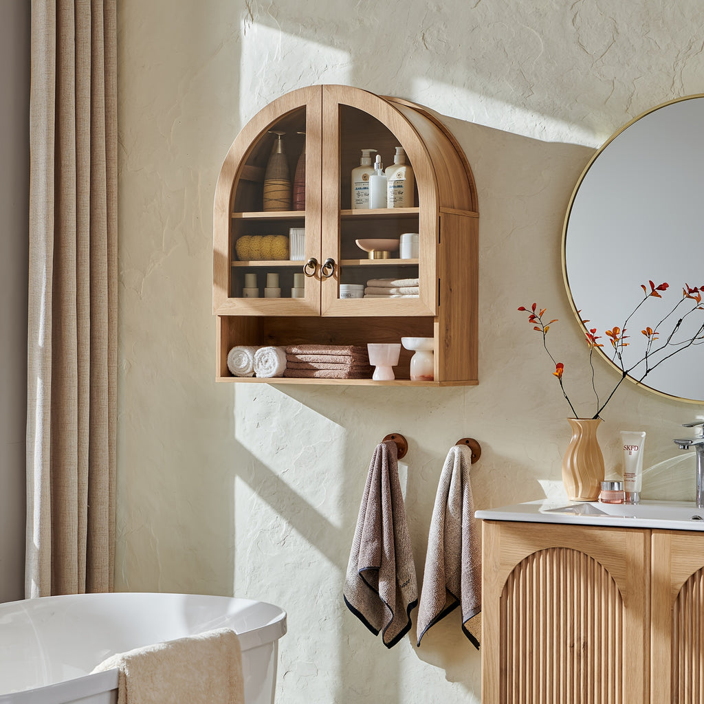 Arched Medicine Cabinet Suitable for Over the Toilet Storage - Modern Wall-Mounted Bathroom Cabinet with Adjustable Shelves, Double Door Arched Top, Wood, Engineered Wood for Laundry Room Organization
