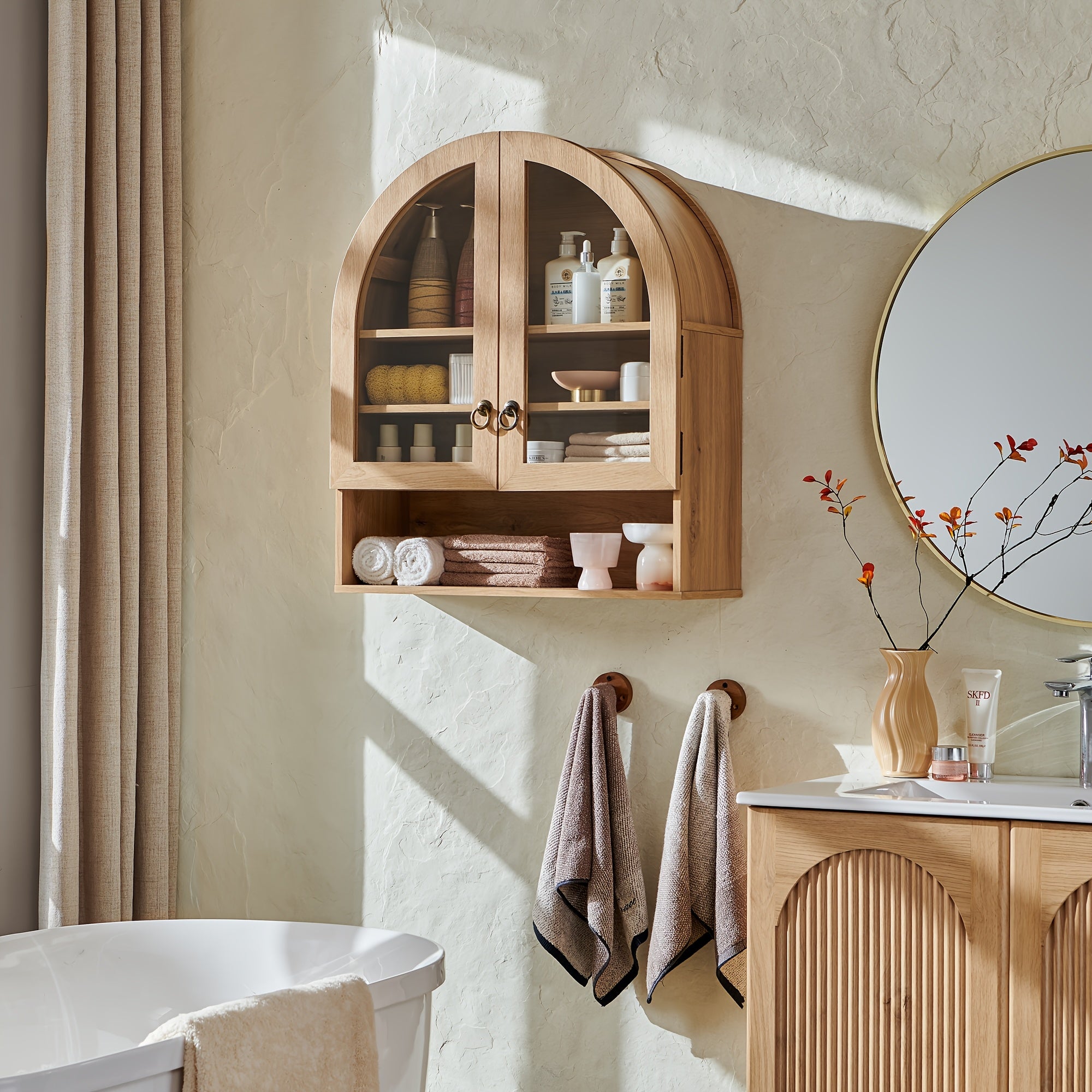 Arched Medicine Cabinet Suitable for Over the Toilet Storage - Modern Wall-Mounted Bathroom Cabinet with Adjustable Shelves, Double Door Arched Top, Wood, Engineered Wood for Laundry Room Organization