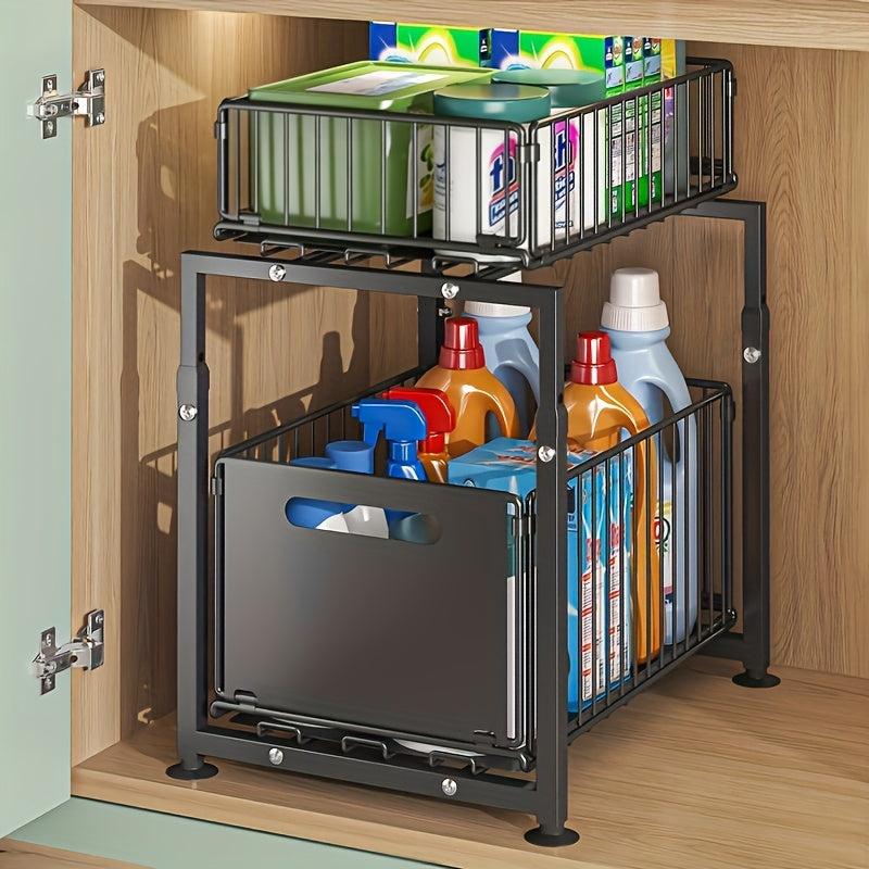 2-Tier Slide-Out Under Sink Organizer - Heavy-Duty Carbon Steel Kitchen & Bathroom Storage Shelf with Adjustable Shelves, Hooks & Sliding Drawers - Space-Saving Cabinet Organizer for Utensils, Spices, Cleaning Supplies - Easy Installation